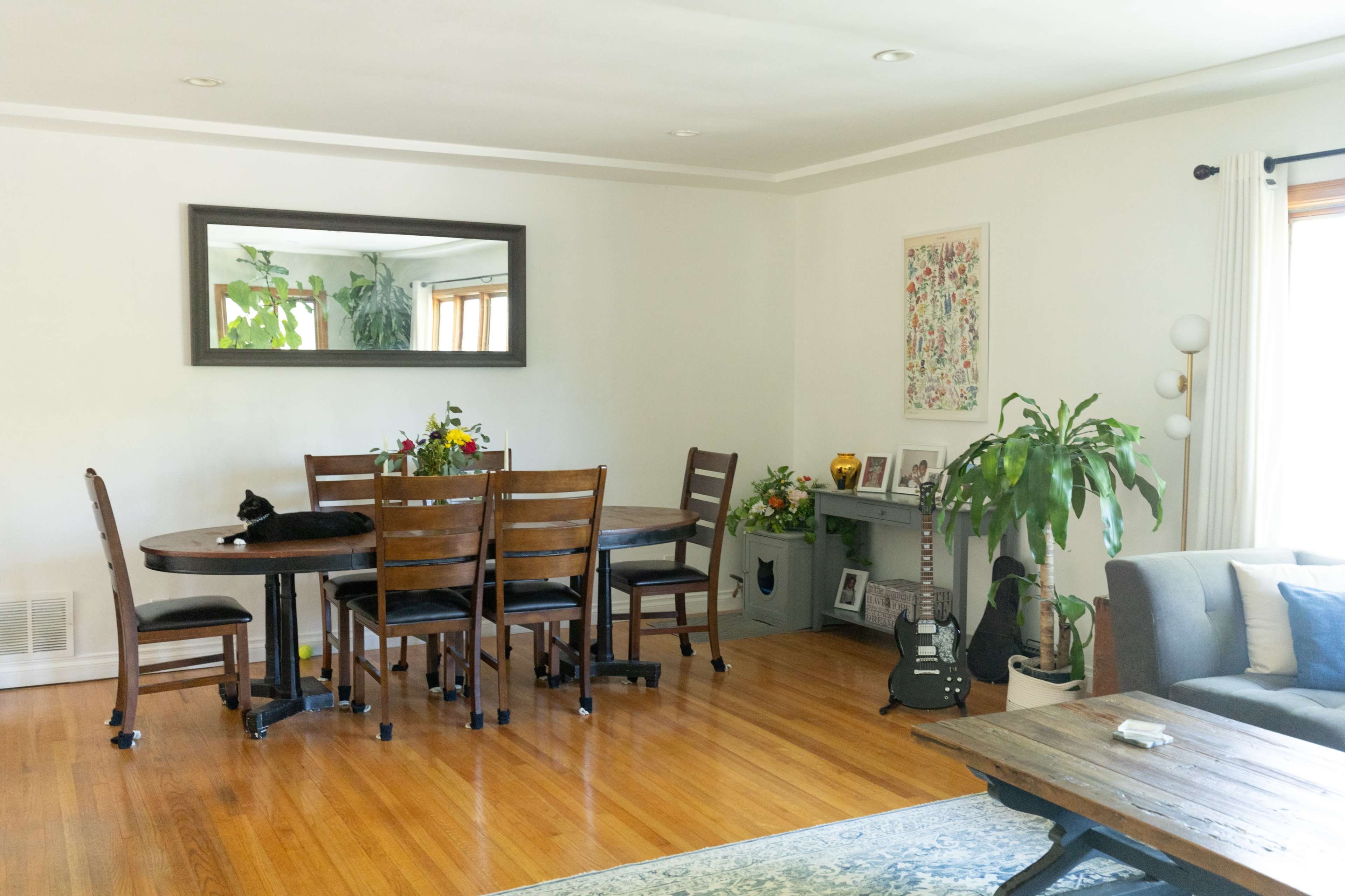 A dining area features a wooden table surrounded by chairs, a large mirror on the wall, and various plants and decorative items.