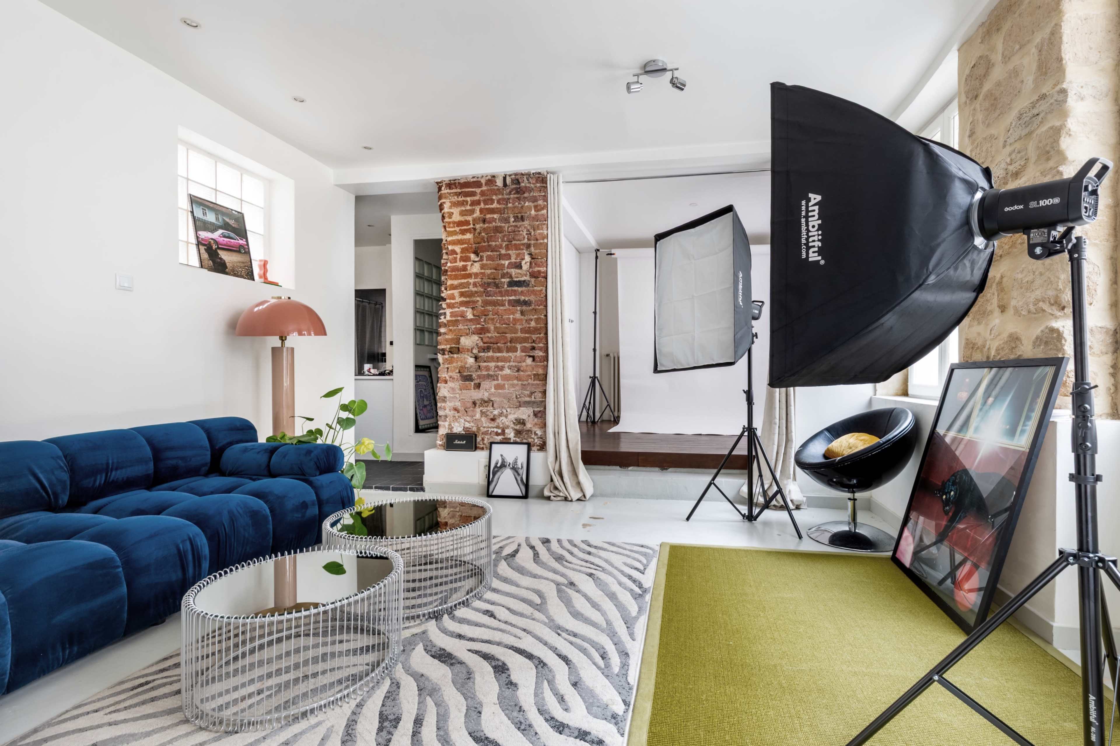 The image shows a modern living room with a blue couch, a zebra-patterned rug, and photography equipment set up for a shoot.