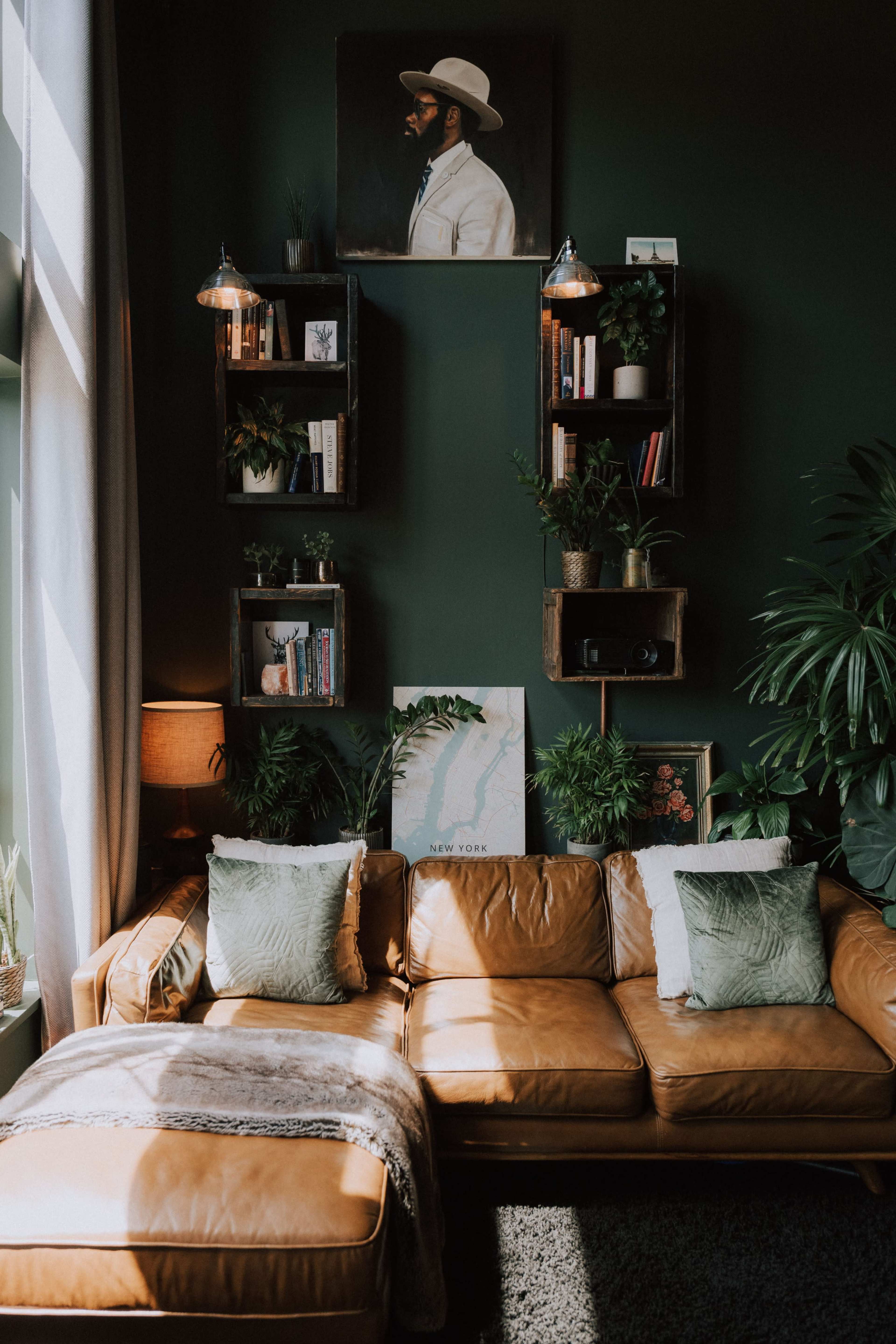 A cozy living room with a leather sofa, a large portrait on the wall, shelves filled with books and plants, and natural light streaming through the windows.
