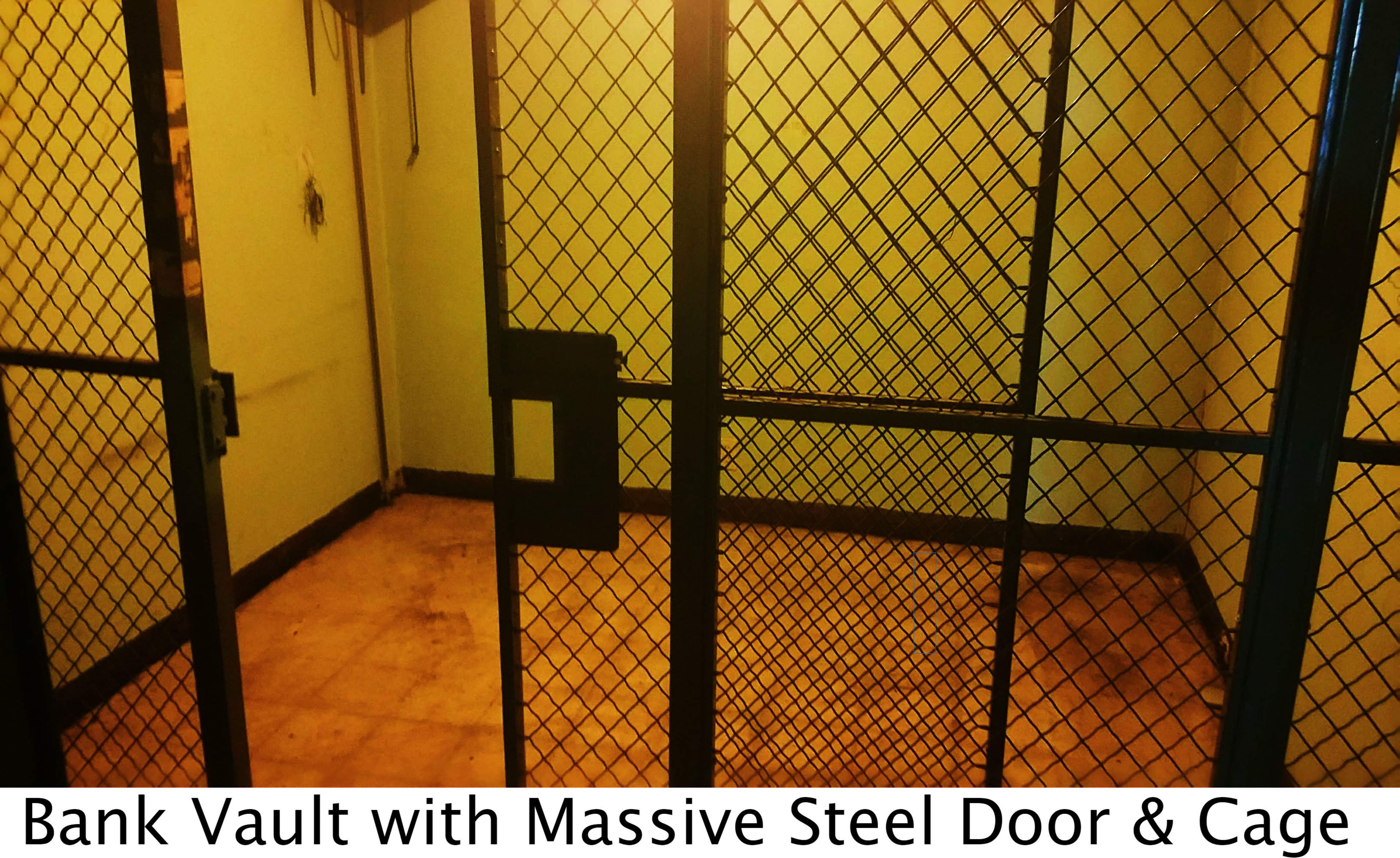 A bank vault with a large steel door and a cage-like enclosure.