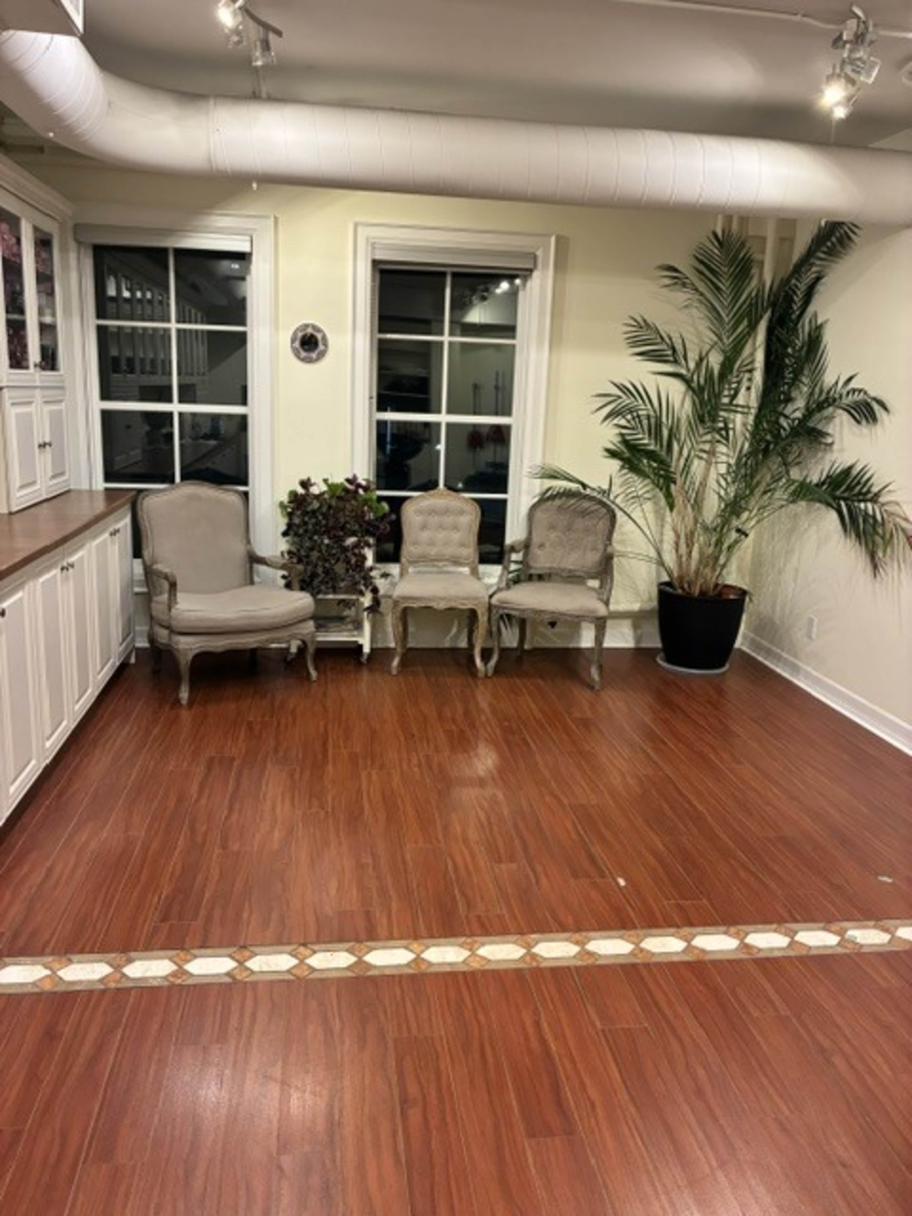 The image shows a room with three vintage chairs arranged against a wall, a potted plant in the corner, and wooden flooring with a decorative border.