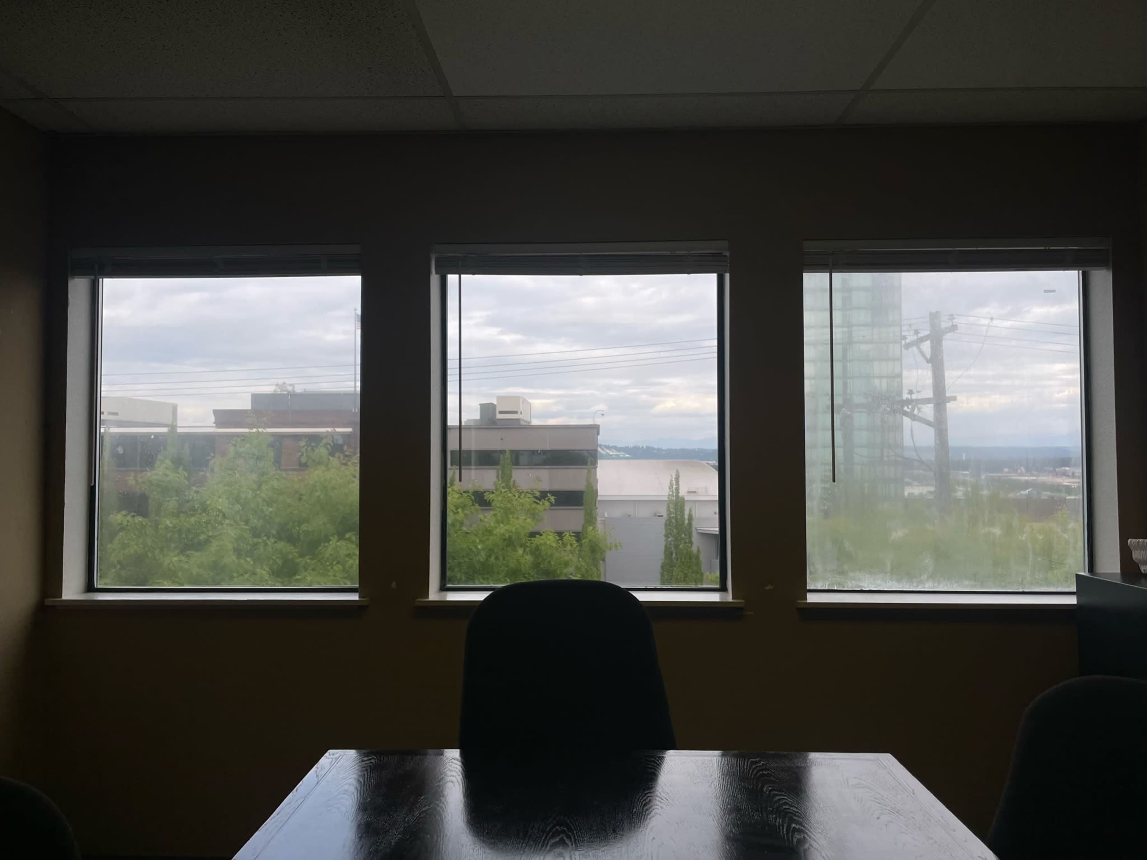 Three windows in an office, with a view of buildings and trees outside under a cloudy sky.