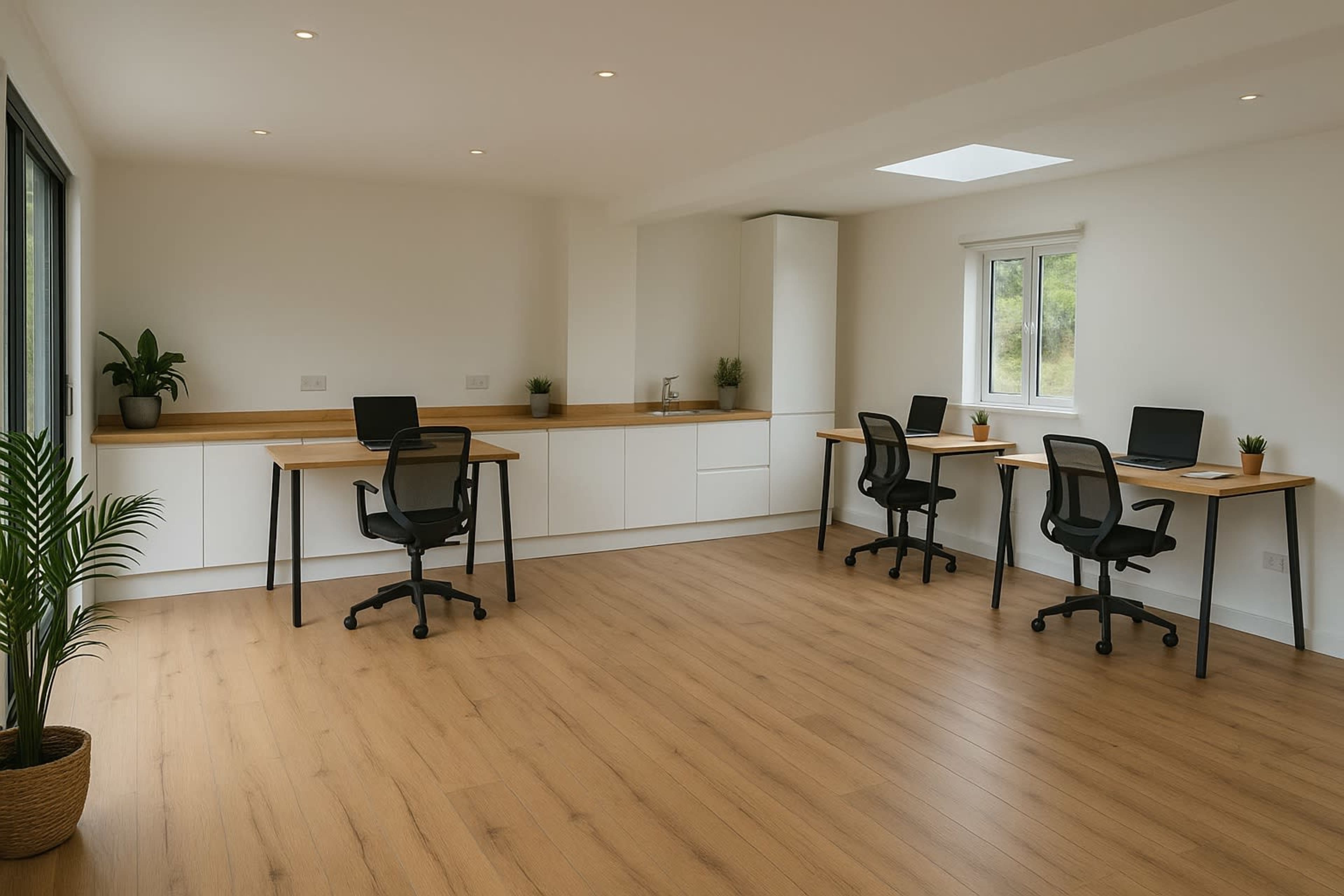 The image shows a modern, minimalist office space with three desks equipped with computers, light wooden flooring, and a few potted plants.