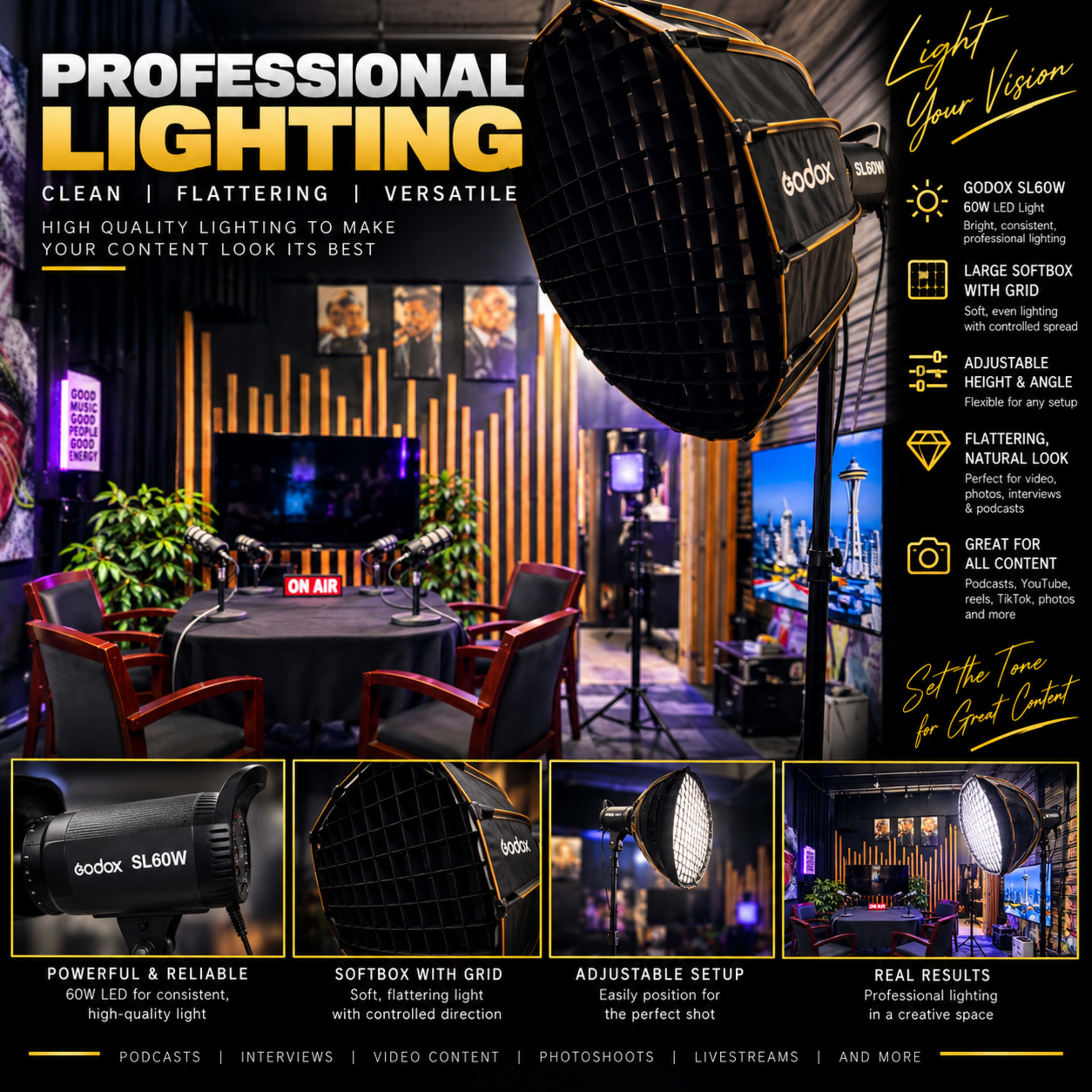 The image features a professional lighting setup with a softbox and LED lights arranged in a studio designed for podcasts and interviews, emphasizing a modern and versatile design.