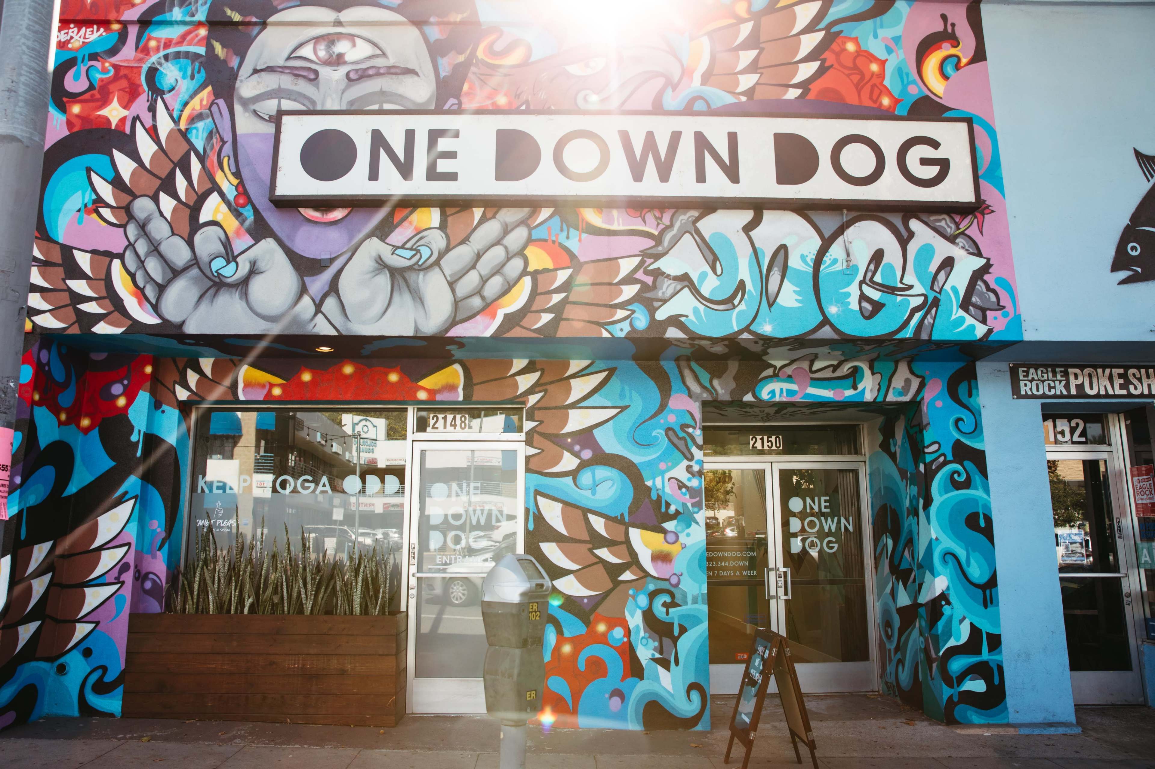 A vibrant mural-covered storefront labeled "One Down Dog," featuring colorful artwork and large glass doors.