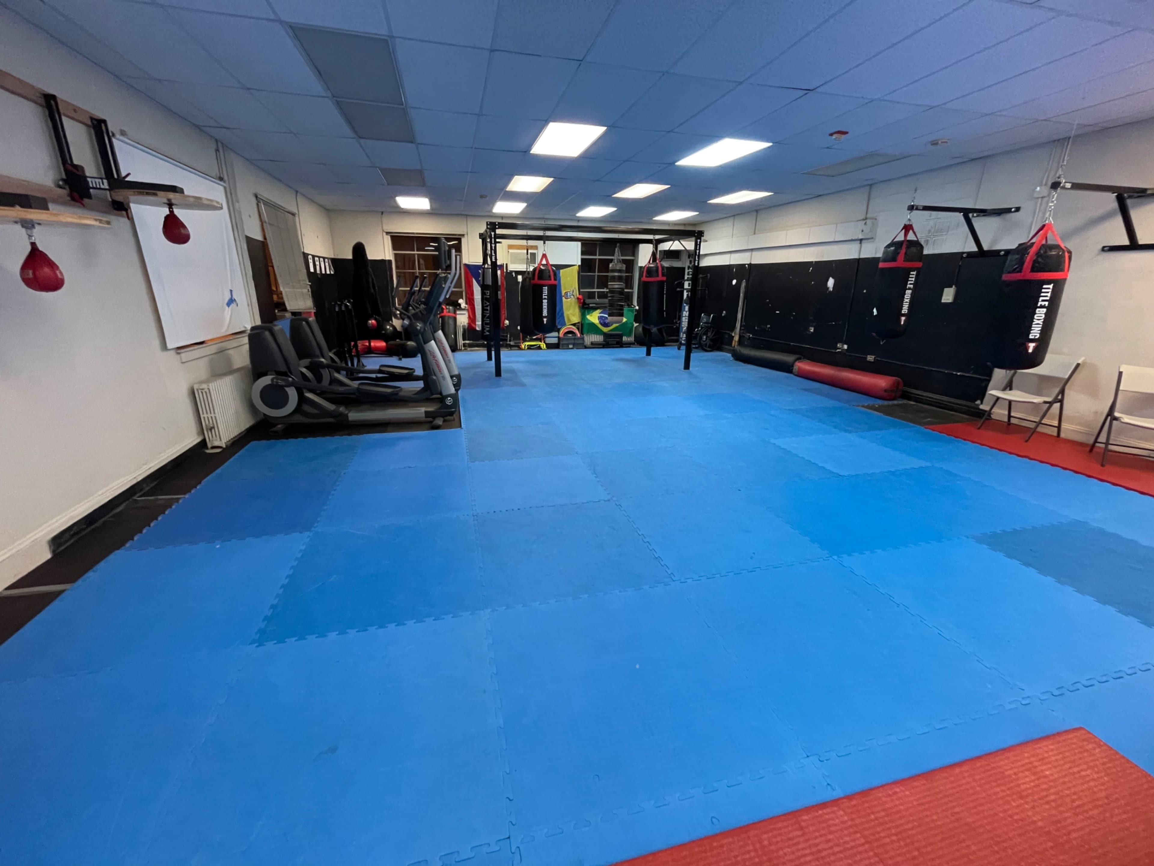 A well-lit gym with blue mats, lined with punching bags and various gym equipment.
