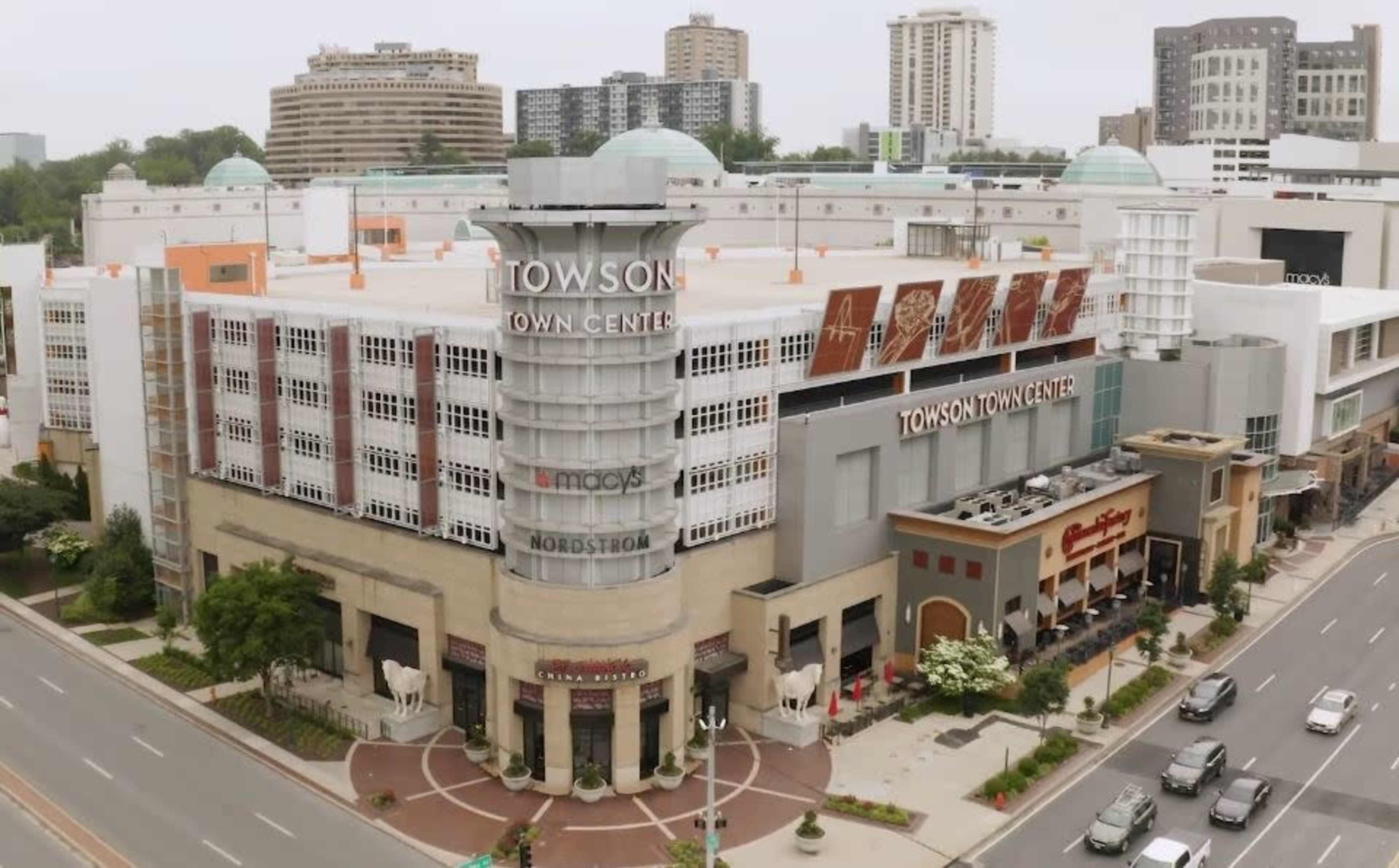 An aerial view of Towson Town Center, featuring the Macy's and Nordstrom stores alongside several dining establishments.