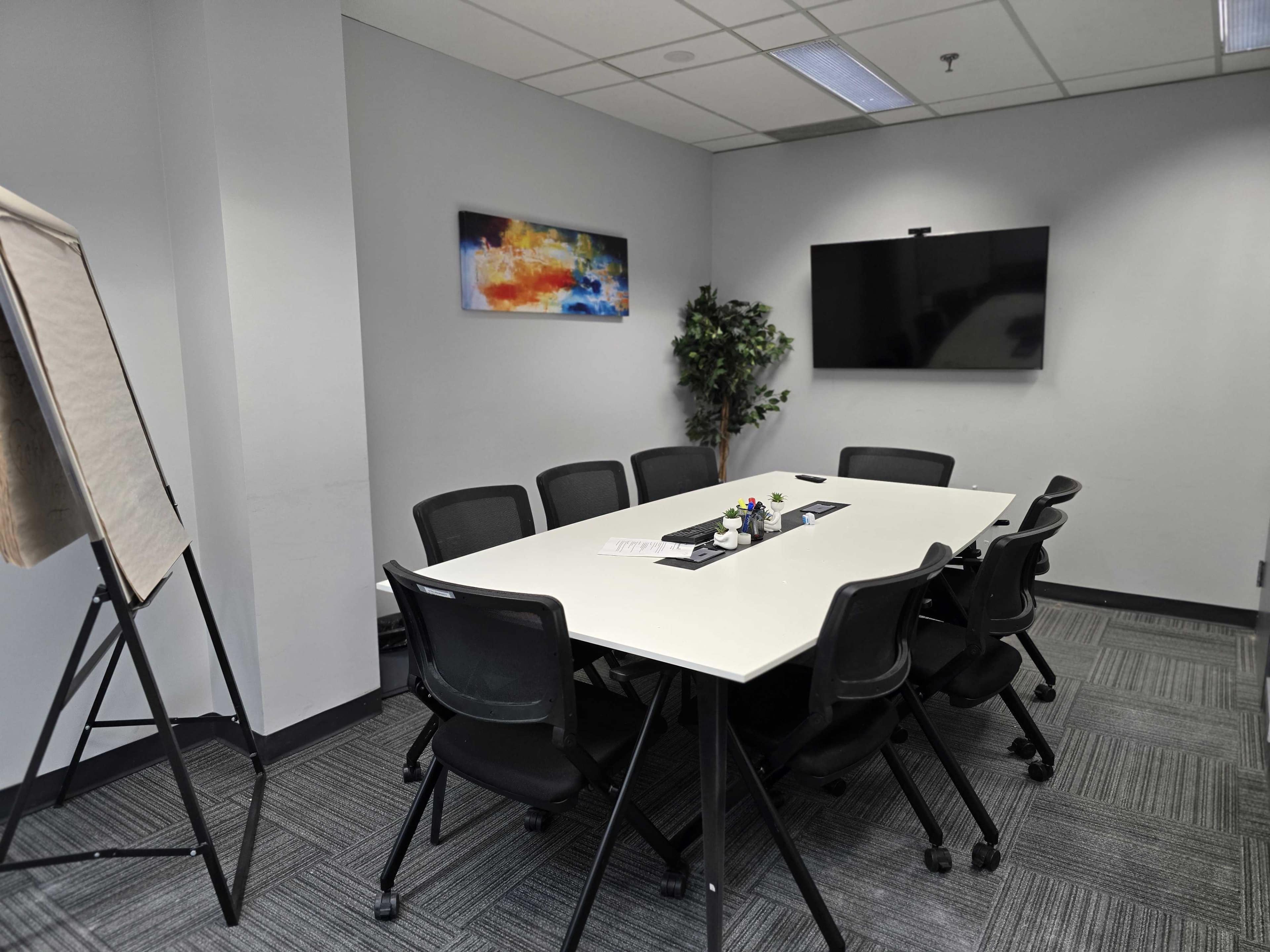 A conference room features a large table surrounded by black chairs, a television on the wall, and a plant in the corner.