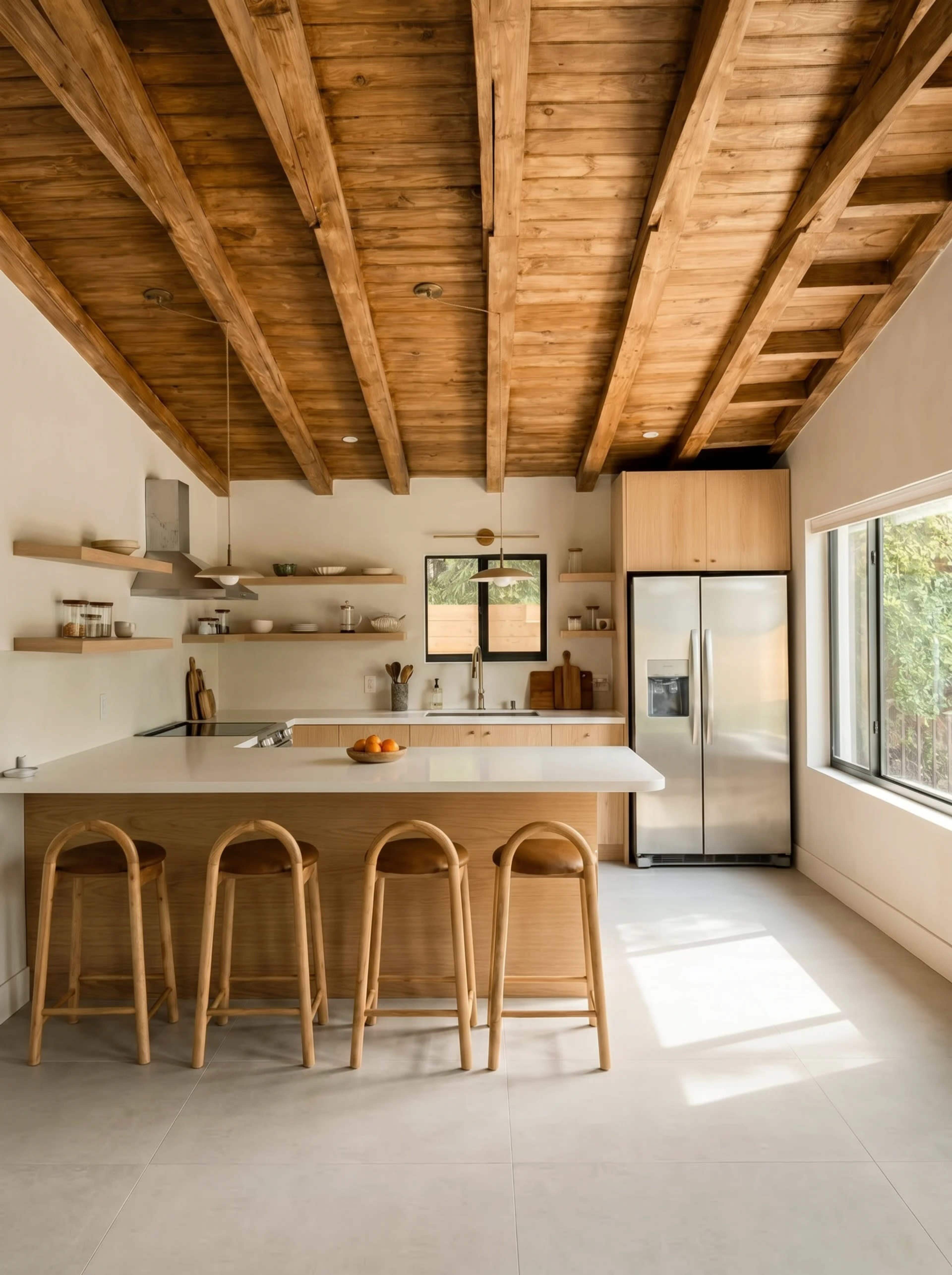 The image shows a modern kitchen with a wooden ceiling, a central island with seating, and large windows allowing natural light to enter.
