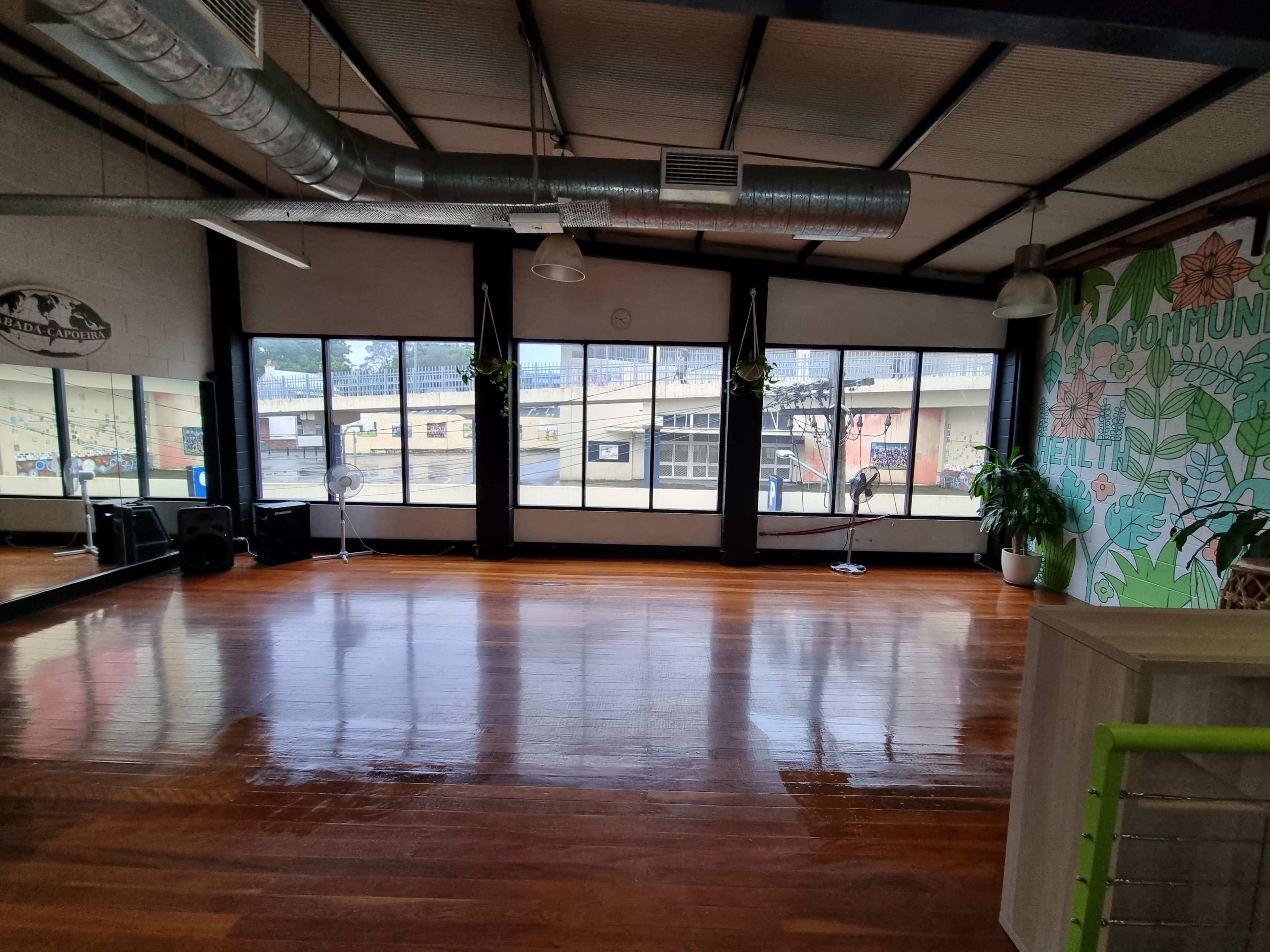 An empty dance studio with wooden floors and large windows overlooking an outdoor landscape.