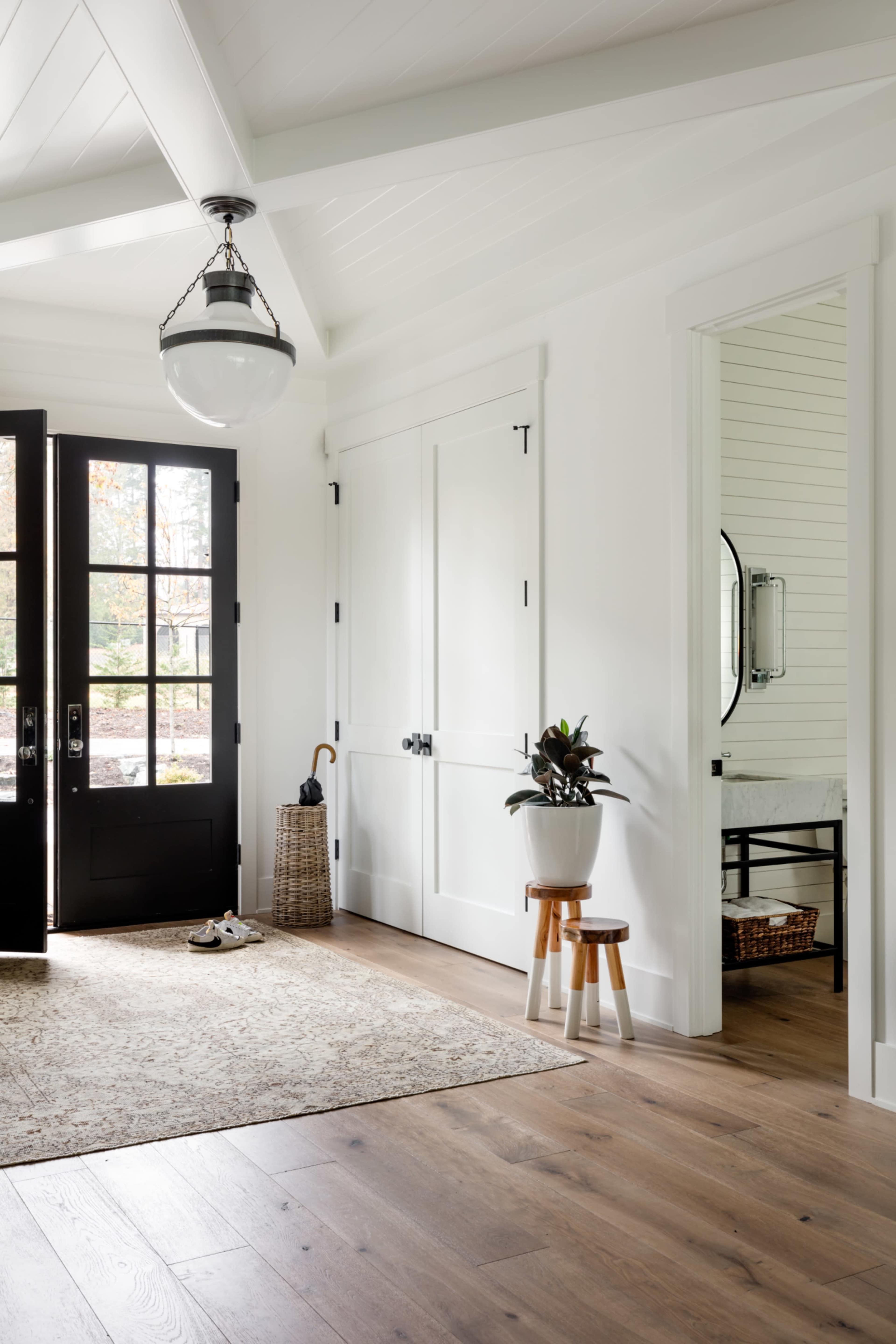 The image shows an entryway with a black front door, a woven basket, a potted plant on a small stool, and a white-paneled wall leading to a bathroom.