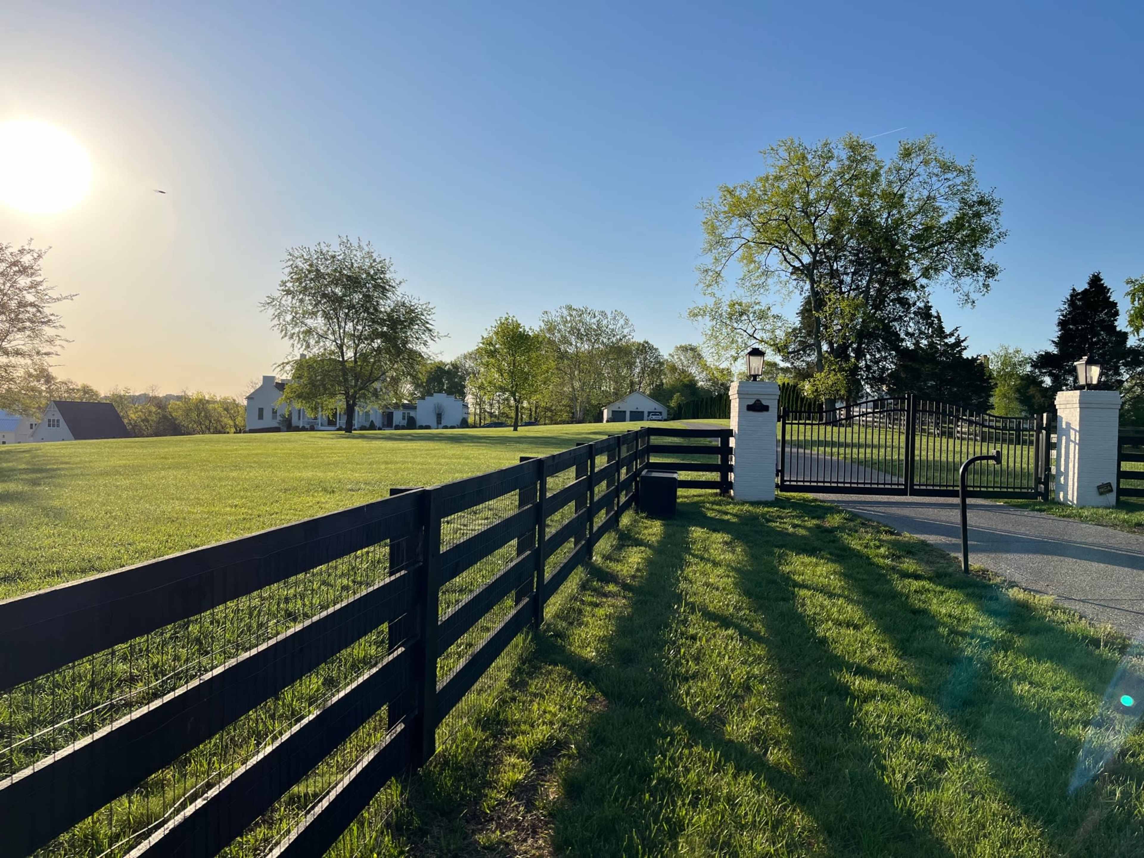 A black fence lines a driveway leading to a gated entrance, with lush green grass and trees surrounding a white house in the background under a clear sky.