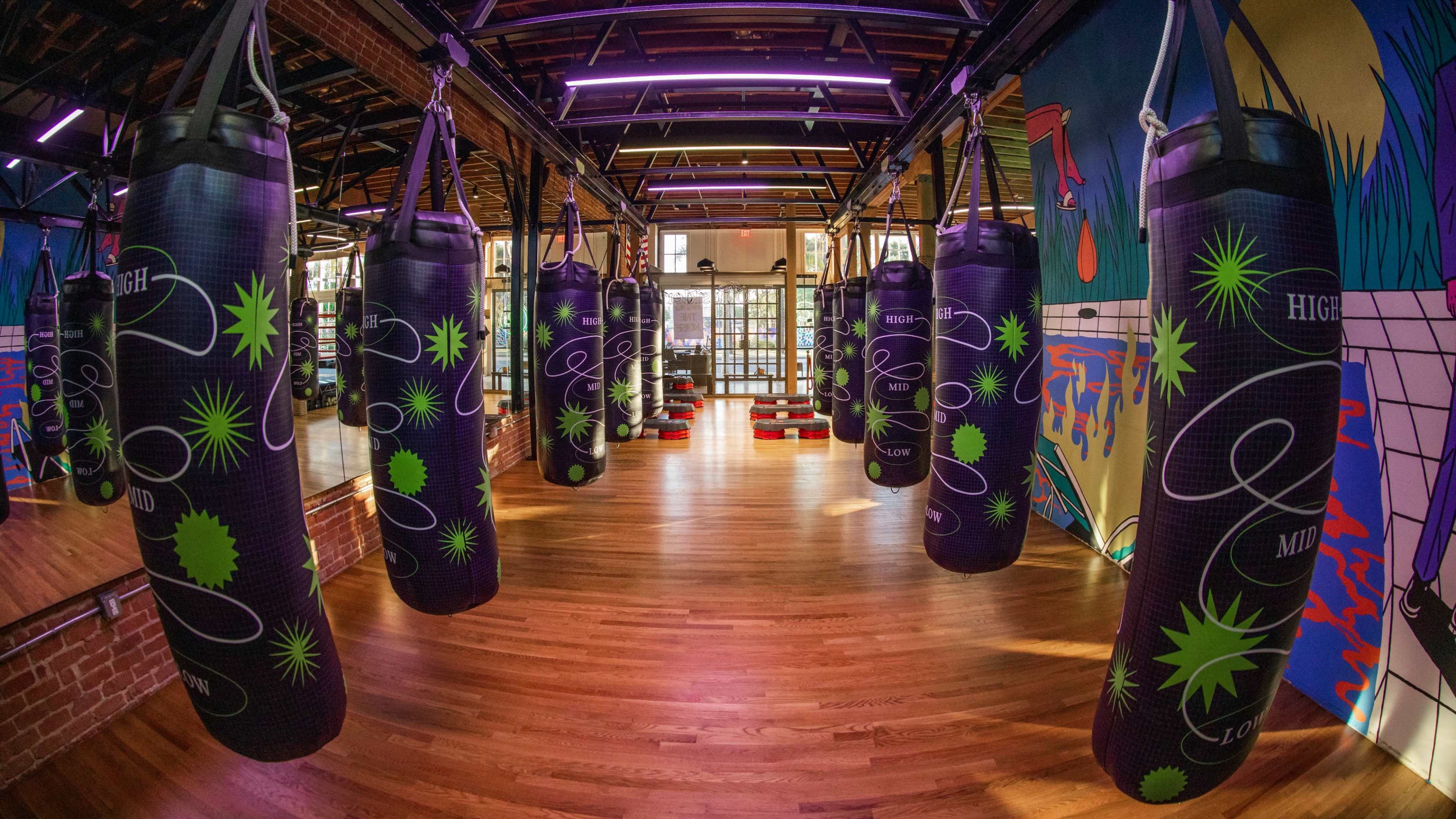 A boxing gym with hanging punching bags and a wooden floor, featuring colorful wall designs and bright overhead lighting.