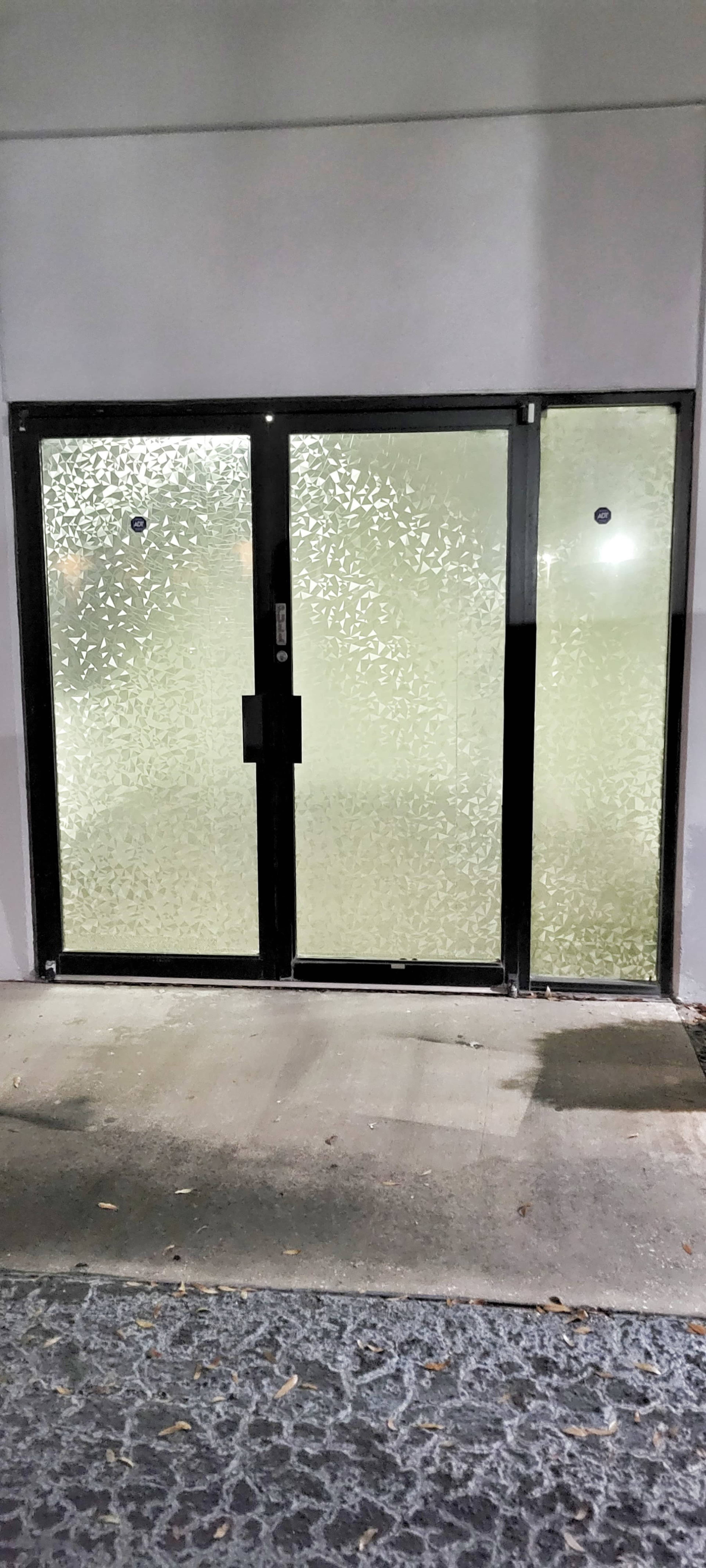The image shows a set of glass double doors with a frosted pattern, situated in a building's exterior wall.