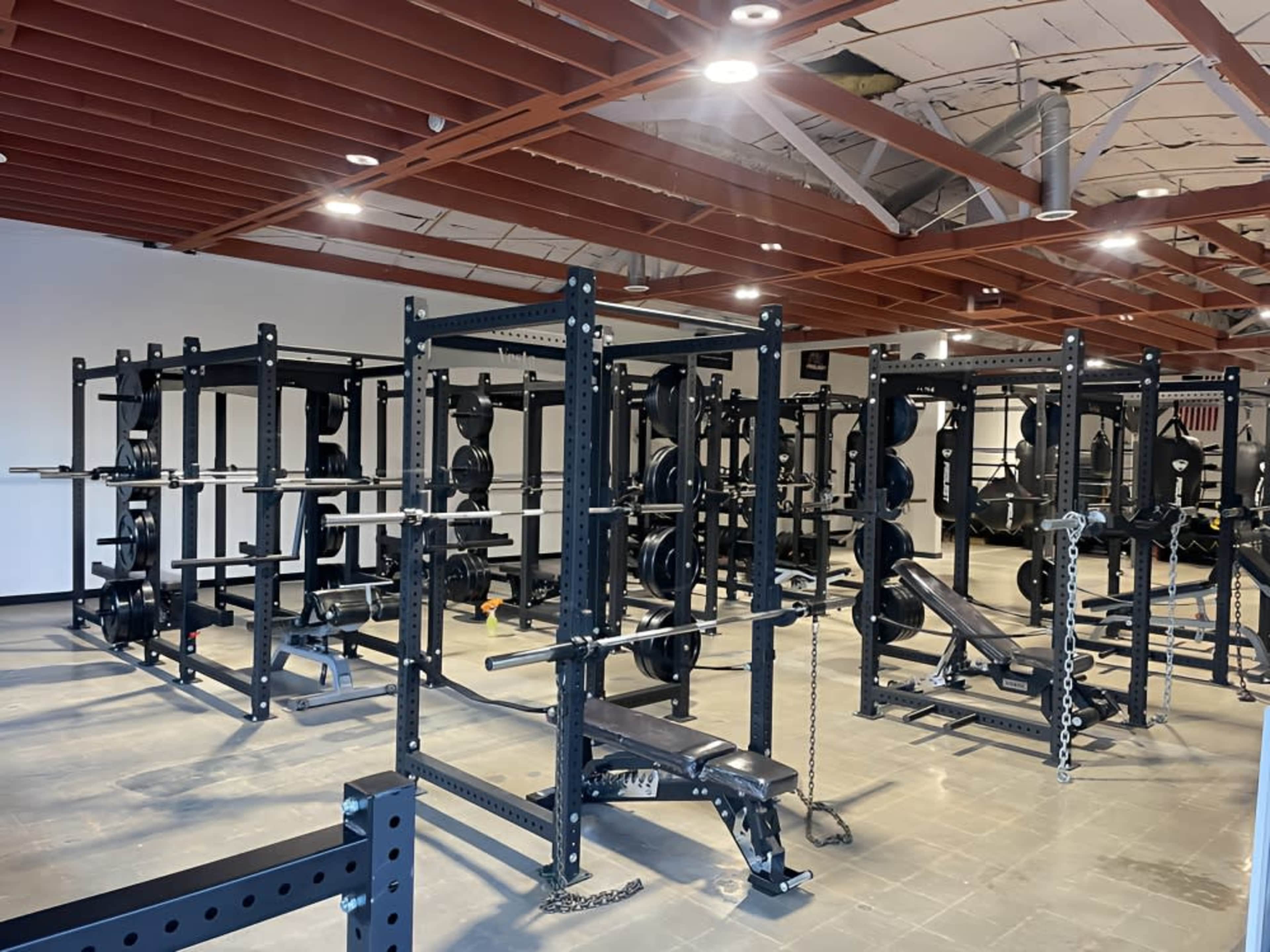 A spacious gym interior featuring multiple black squat racks and benches arranged neatly on a concrete floor.