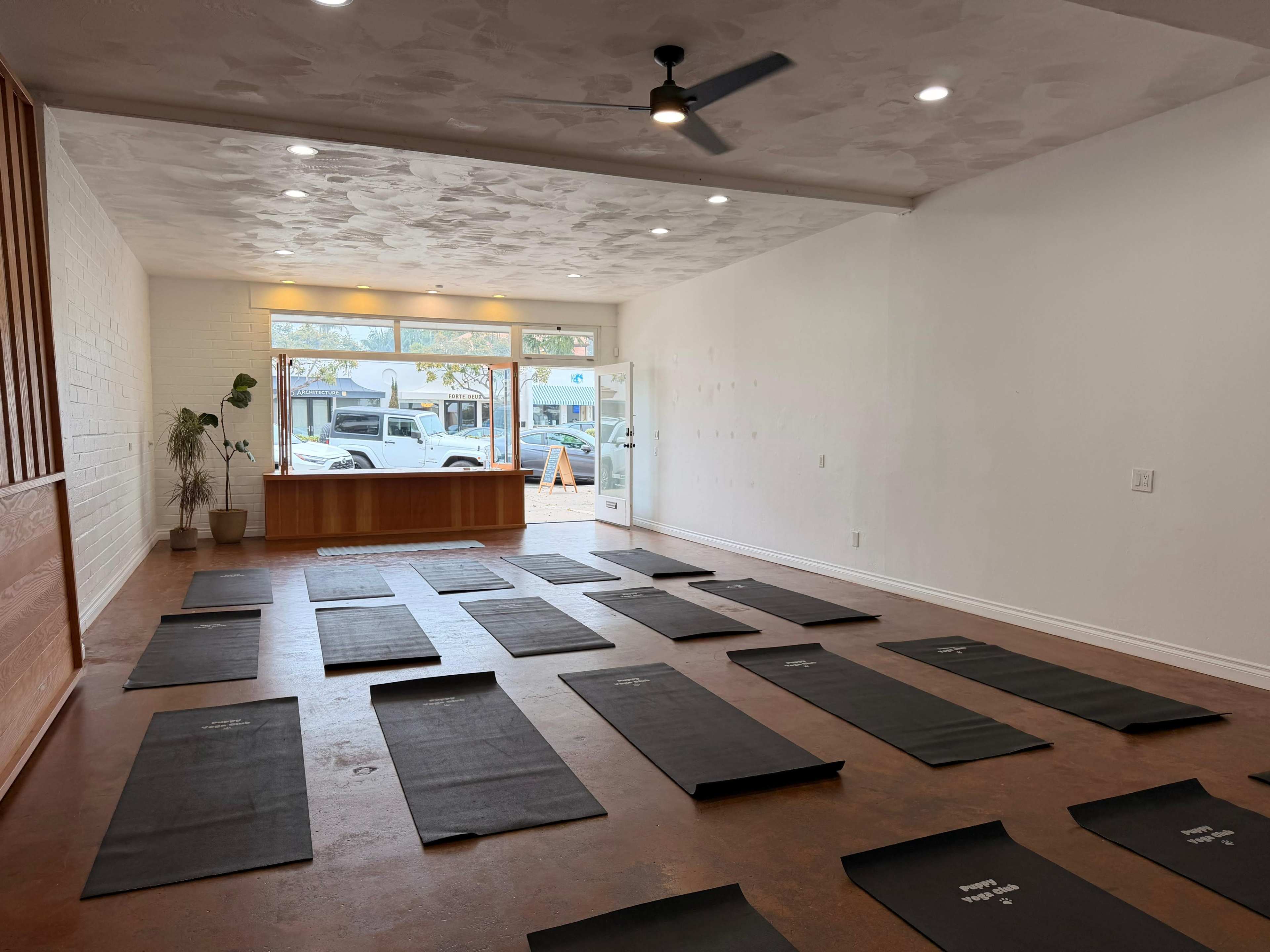 A spacious yoga studio with black mats arranged on the floor and large windows letting in natural light.