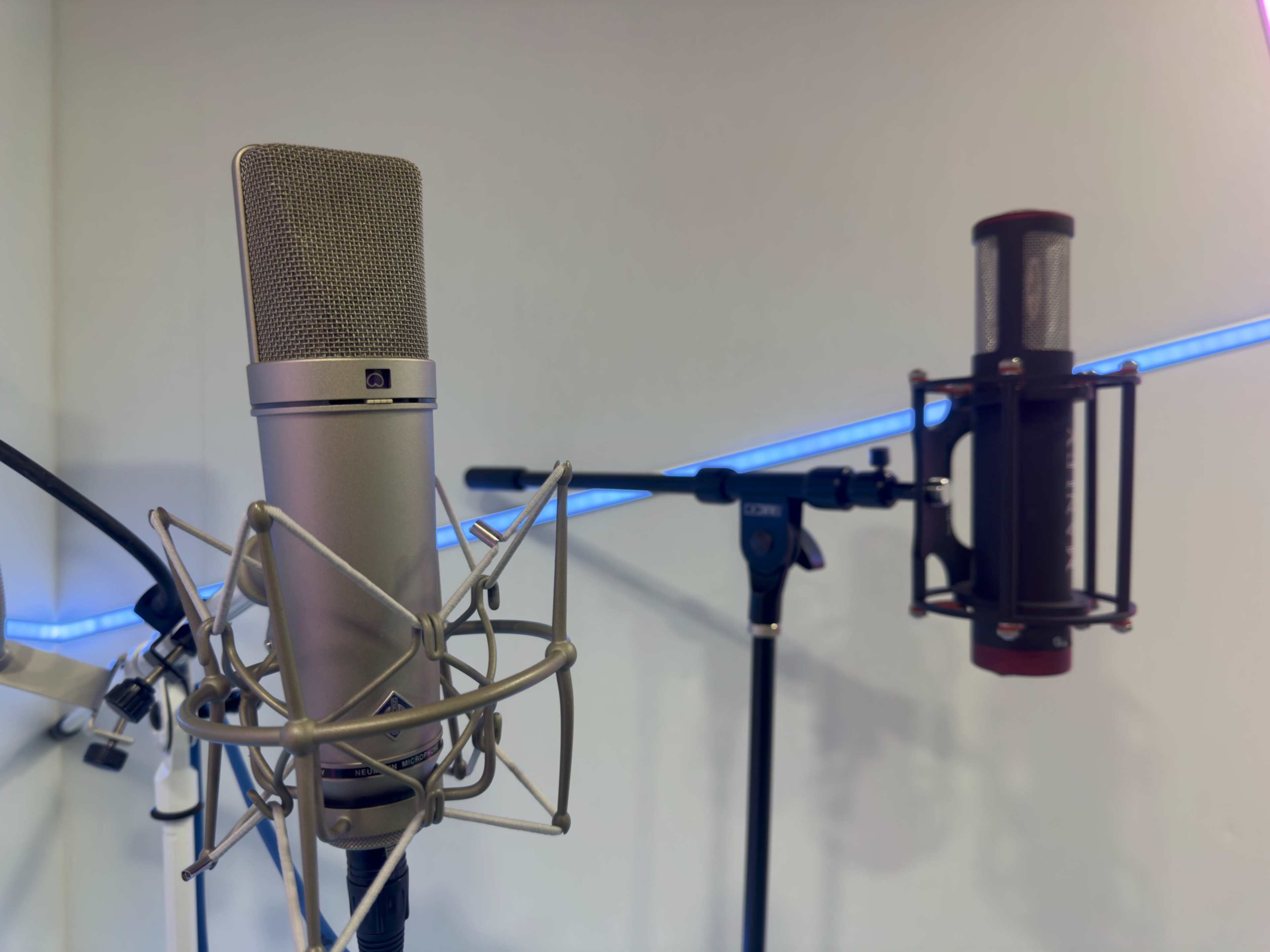 The image shows two professional microphones mounted on stands against a plain background with ambient lighting.