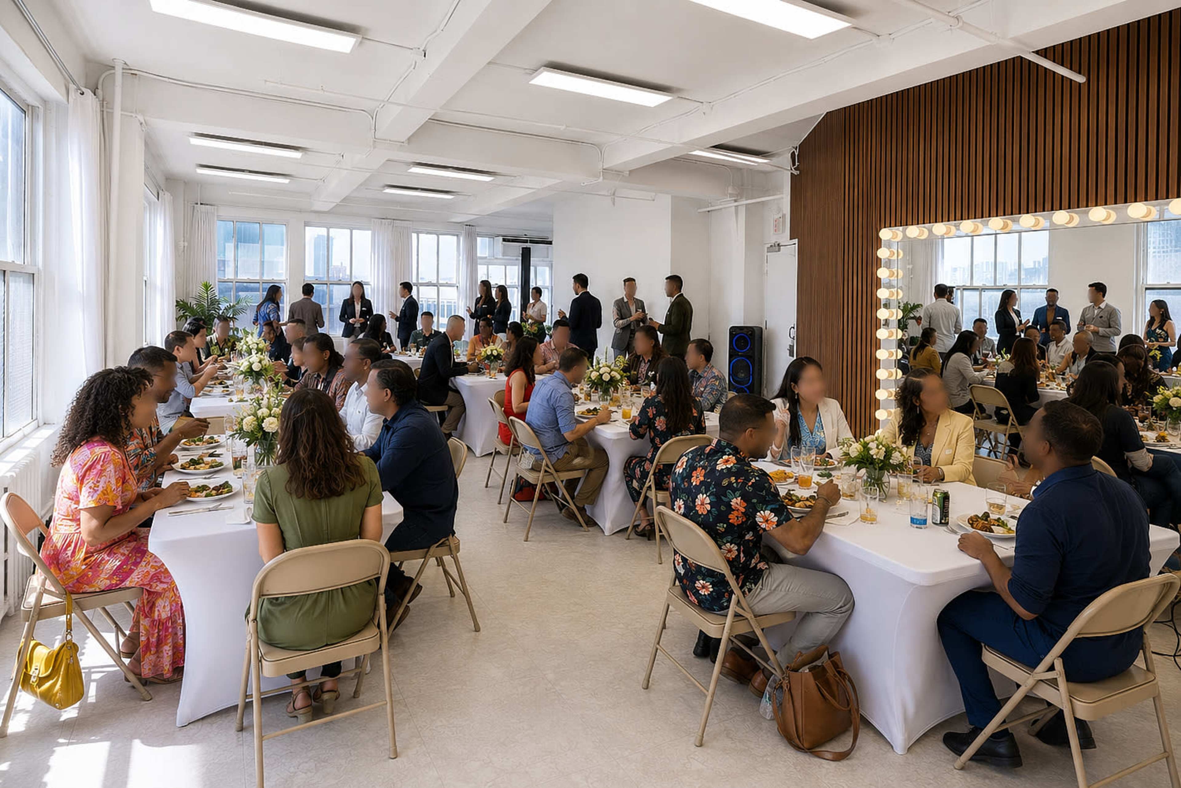 A group of people is seated at tables in a spacious room, enjoying a meal and engaging in conversation, while floral arrangements decorate the tables.