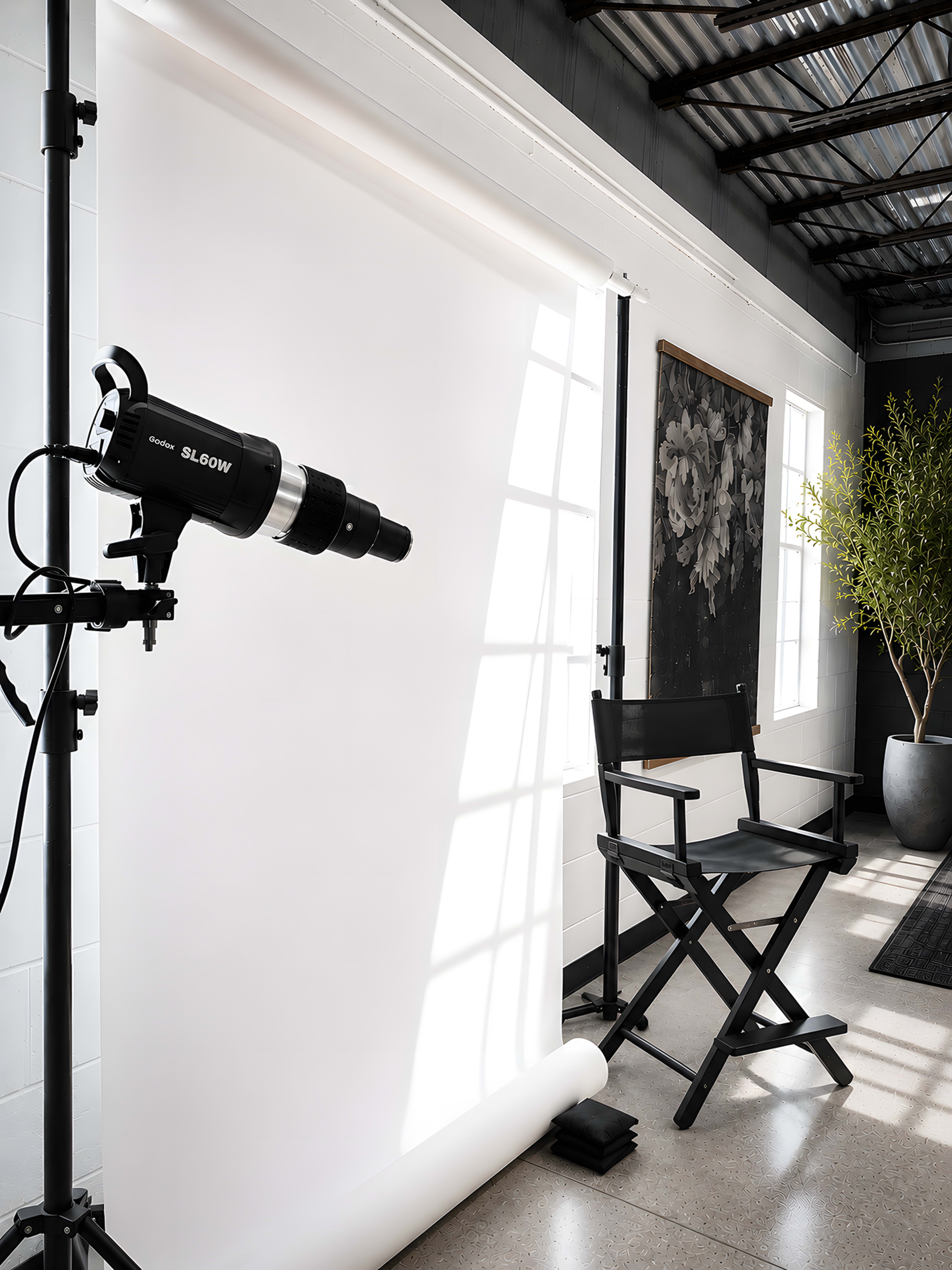 The image shows a photography studio setup featuring a backdrop with lighting equipment and a director's chair beside a potted plant.