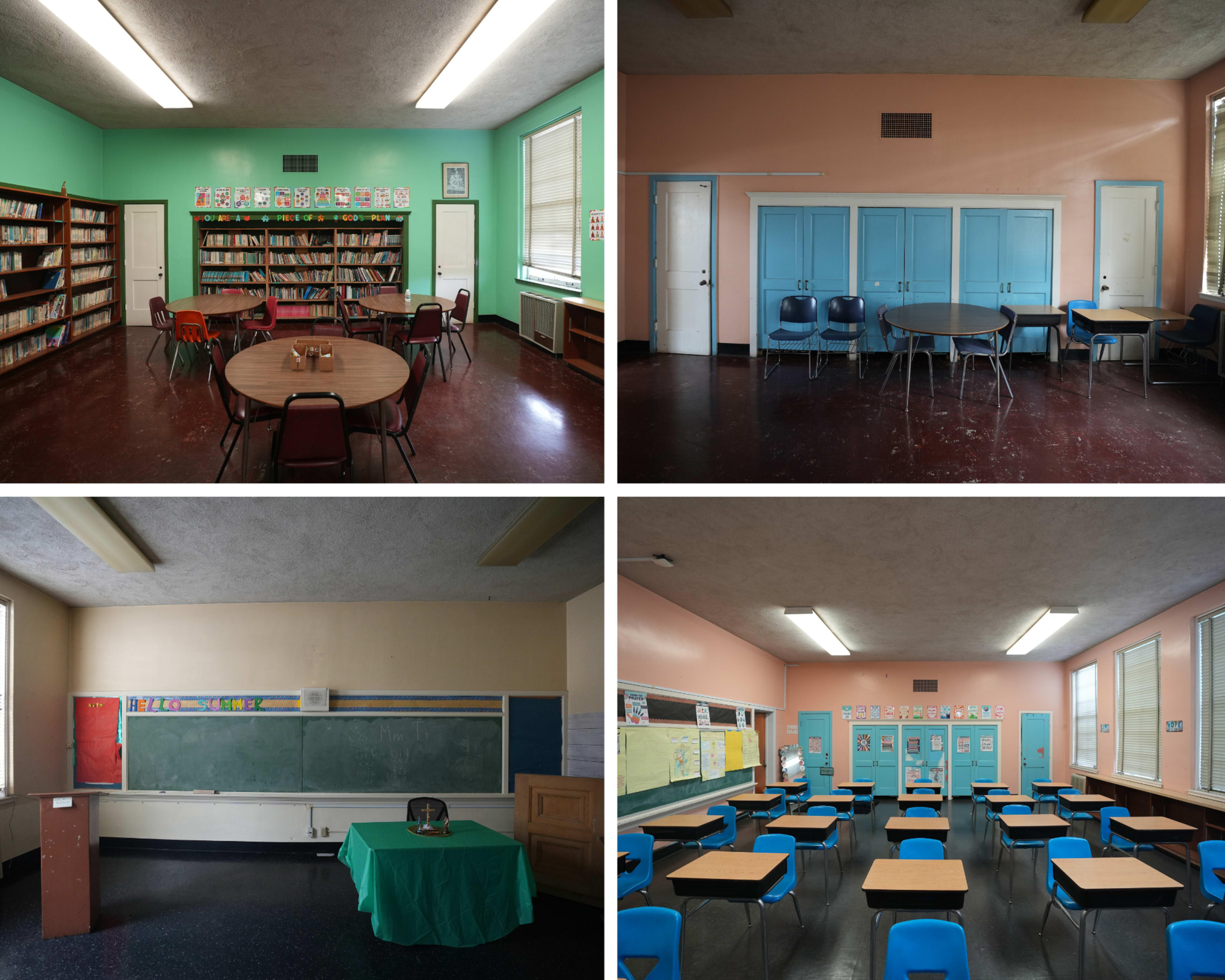 The image shows four distinct classrooms, each featuring brightly colored walls, furniture, and varying configurations of tables and chairs, with some containing bookshelves and a chalkboard.