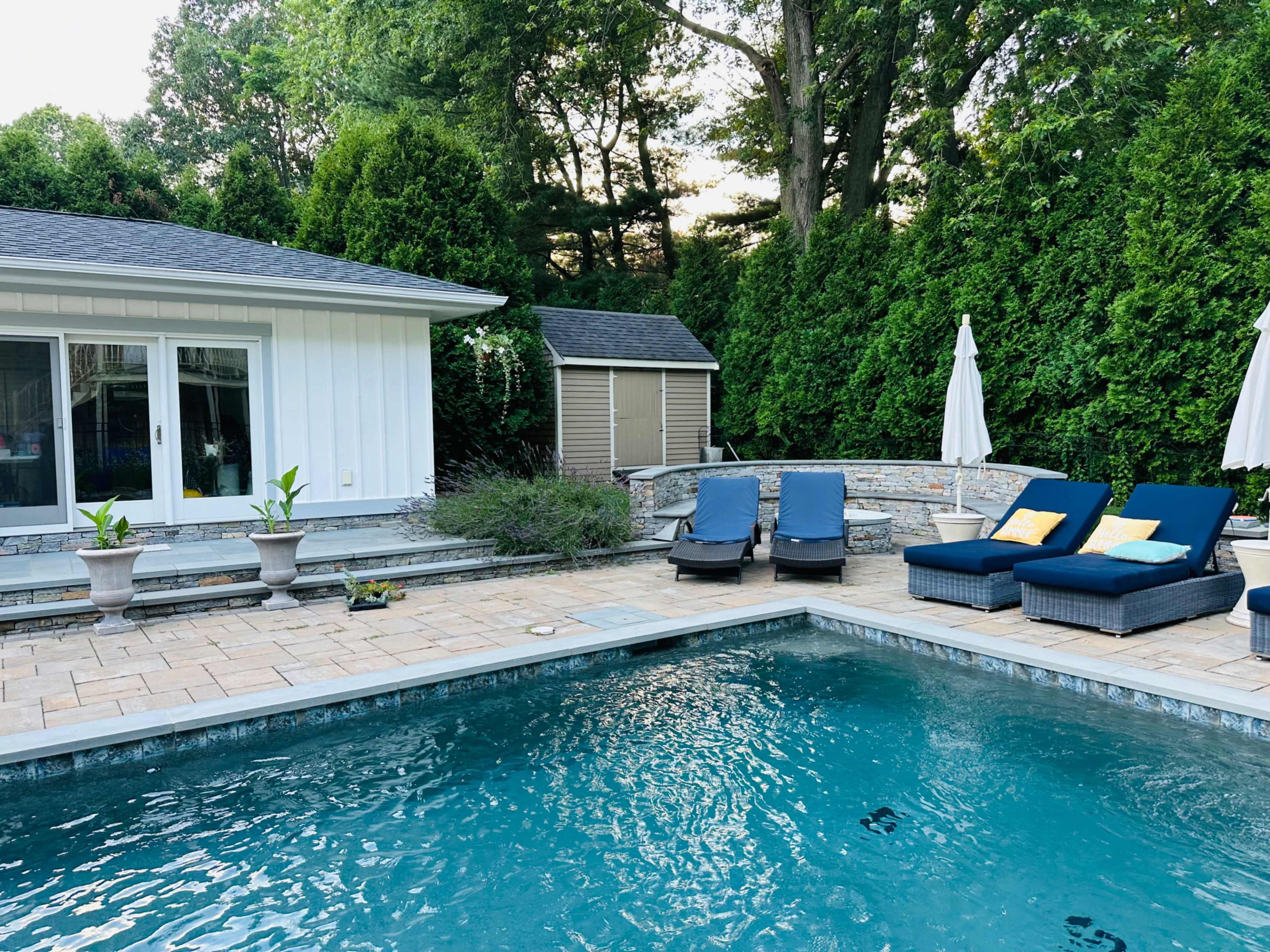 A rectangular swimming pool surrounded by stone paving, lounge chairs, and a small shed, all set against a backdrop of tall green hedges and trees.