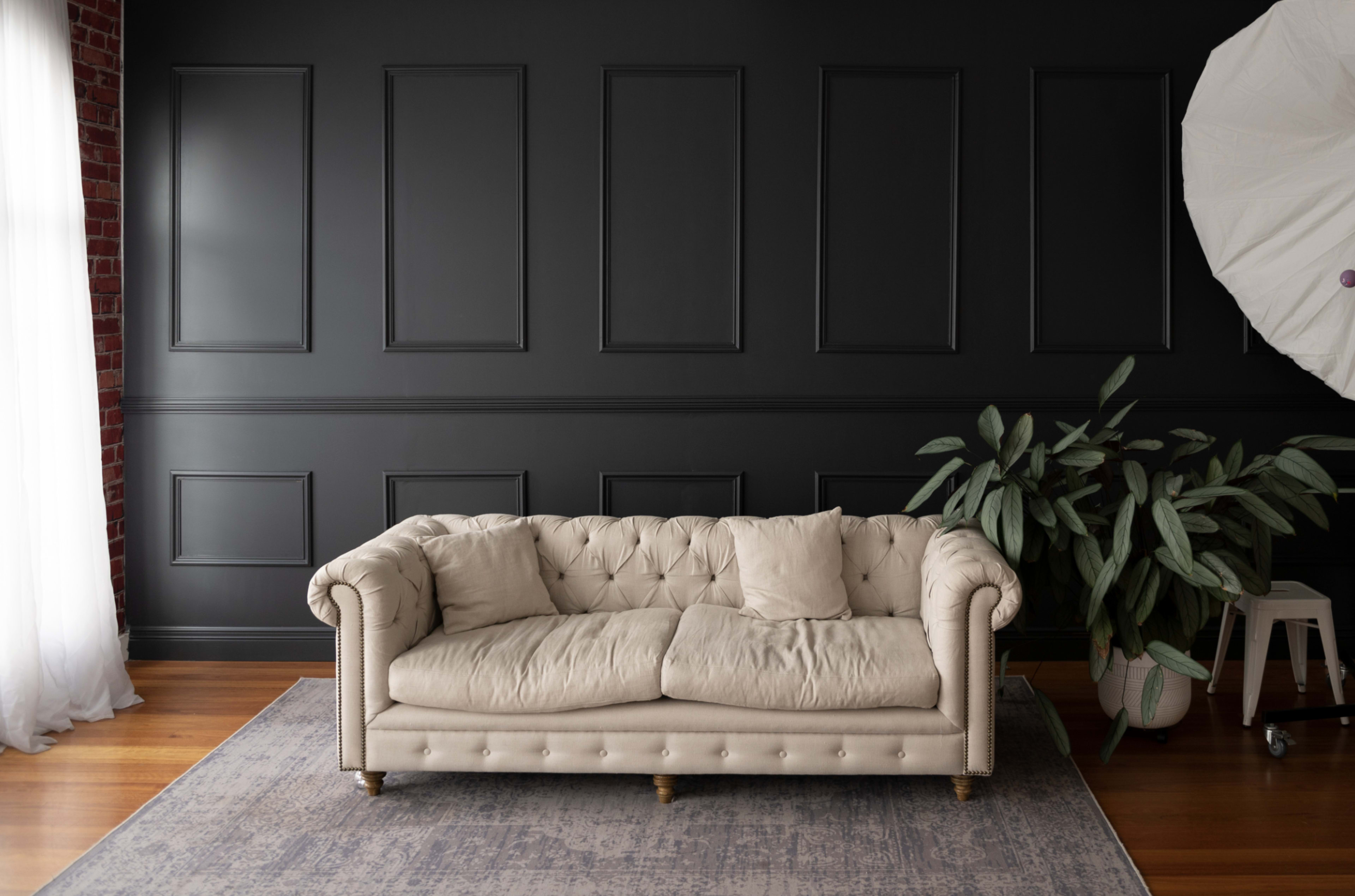 A light-colored tufted sofa is positioned against a dark paneled wall, with a potted plant and an umbrella light in the corner of the room.