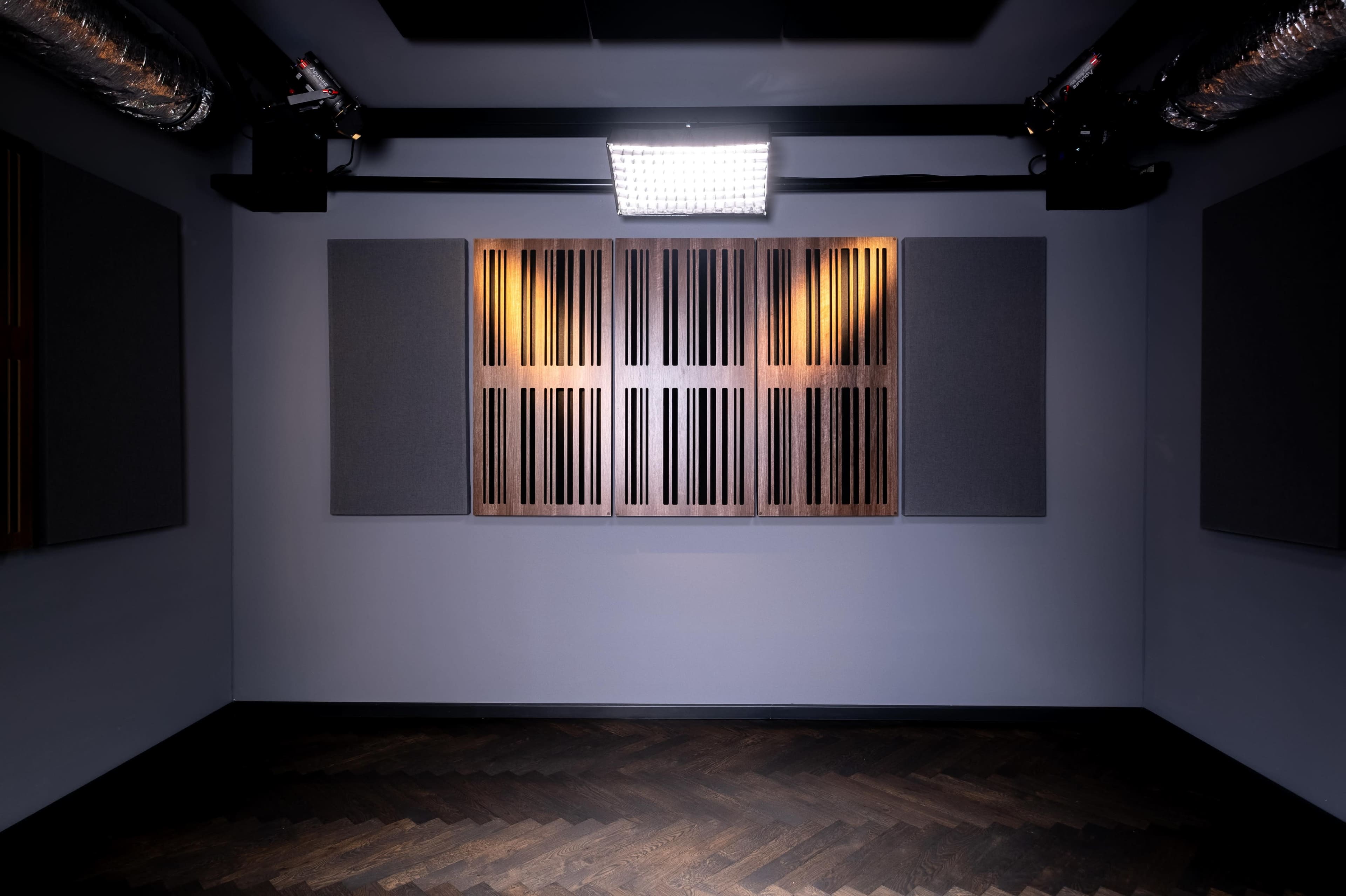 The image shows a soundproofed room featuring wooden wall panels, acoustic foam on the walls, and overhead lighting, with a dark wooden floor.