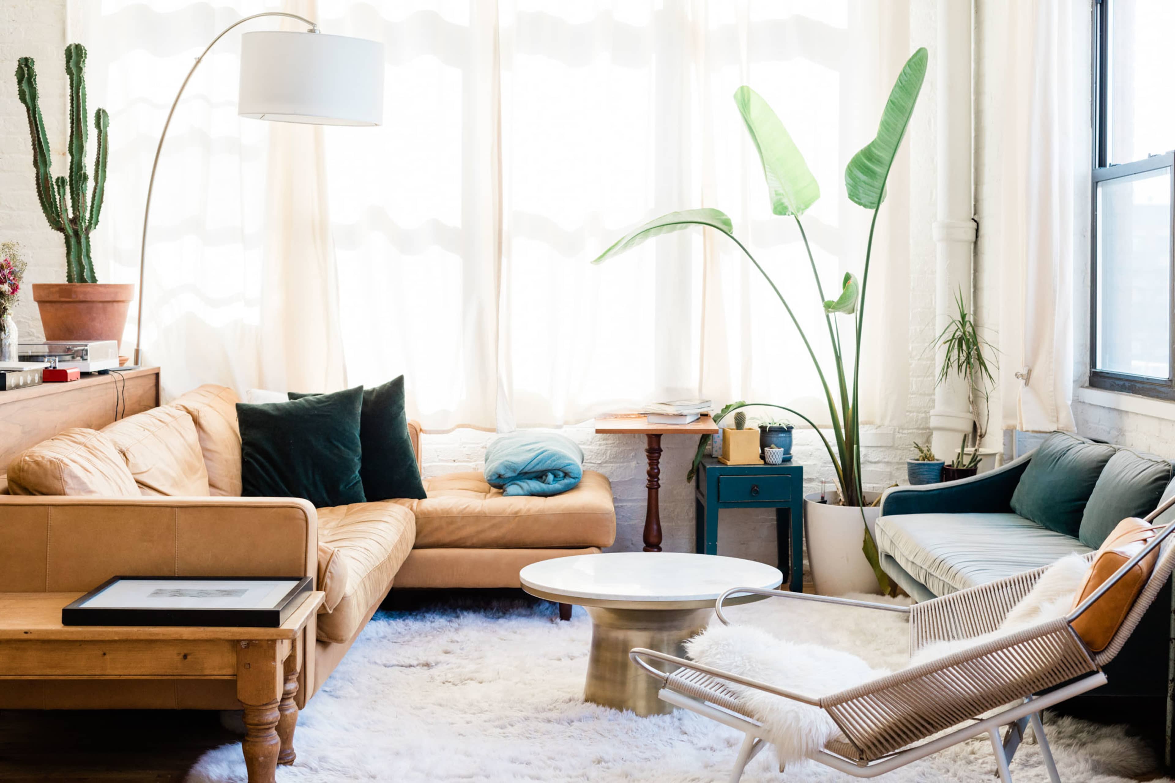 A bright living room features a brown leather sofa, a white coffee table, and large plants, with sunlight streaming through sheer curtains.
