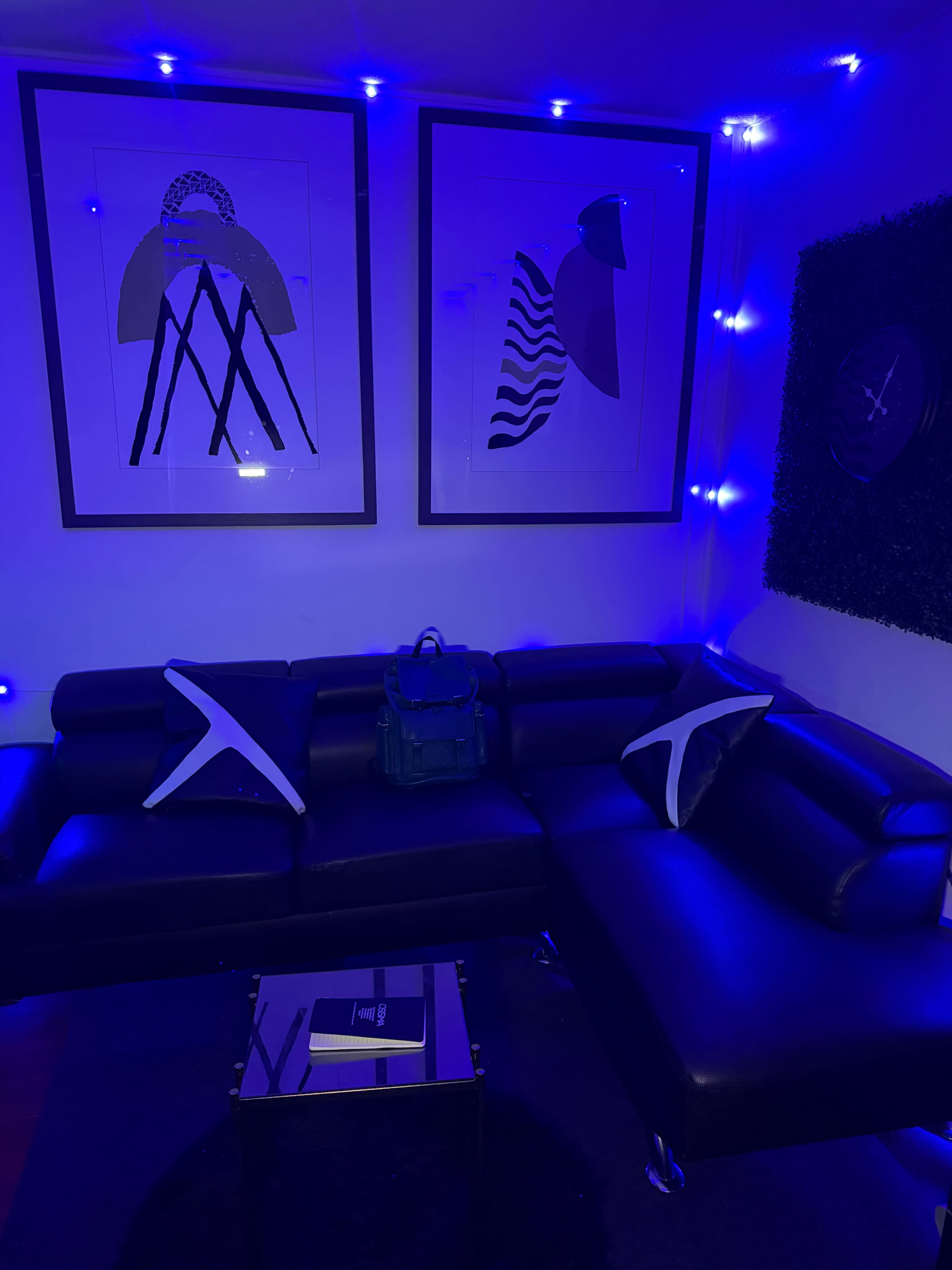 The image shows a modern black sectional sofa adorned with decorative pillows, accompanied by a glass coffee table, and two framed abstract art pieces on the wall illuminated by ambient blue lights.