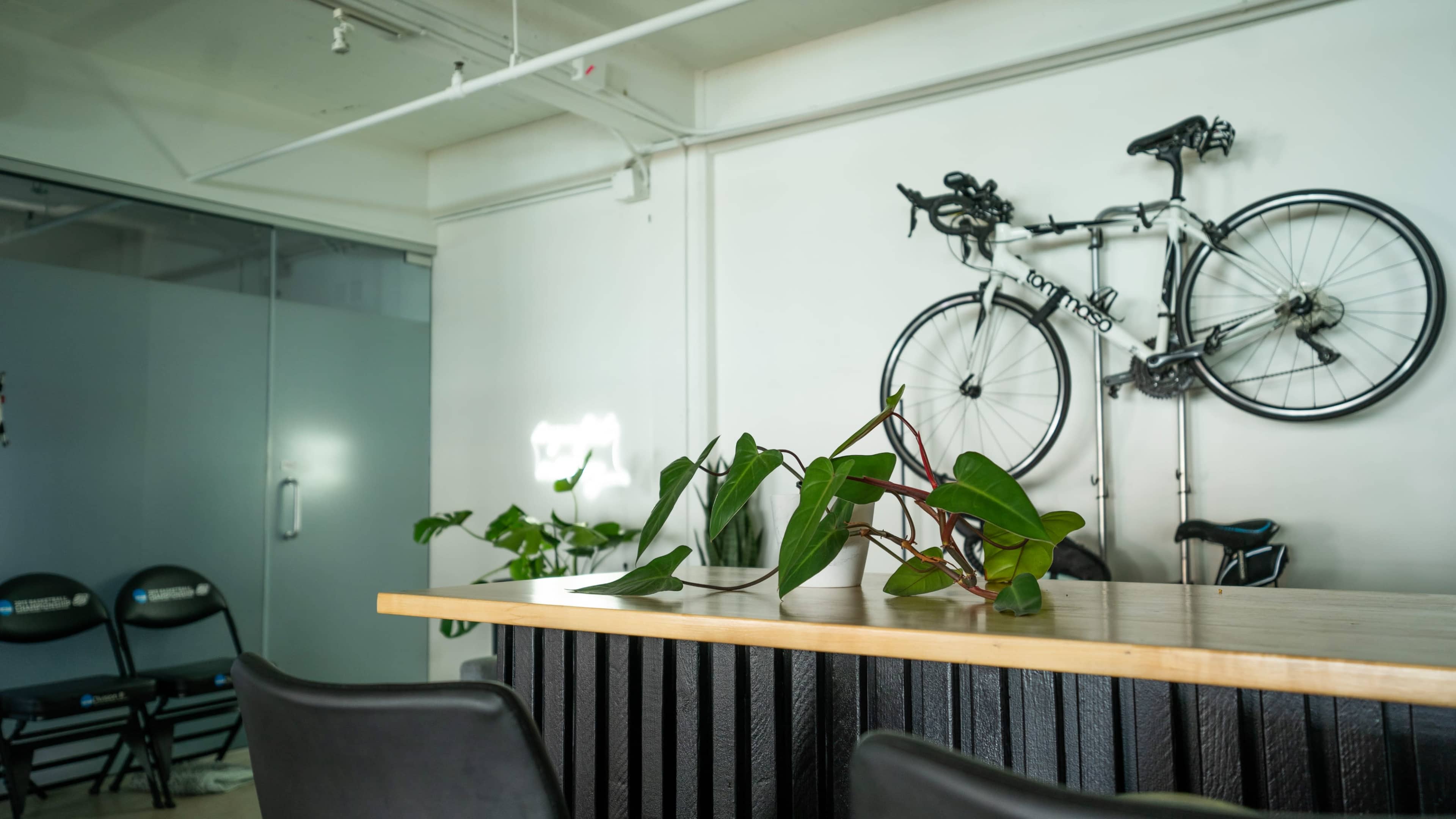 A wooden counter with potted plants is positioned in front of a wall-mounted bicycle in a modern office space.