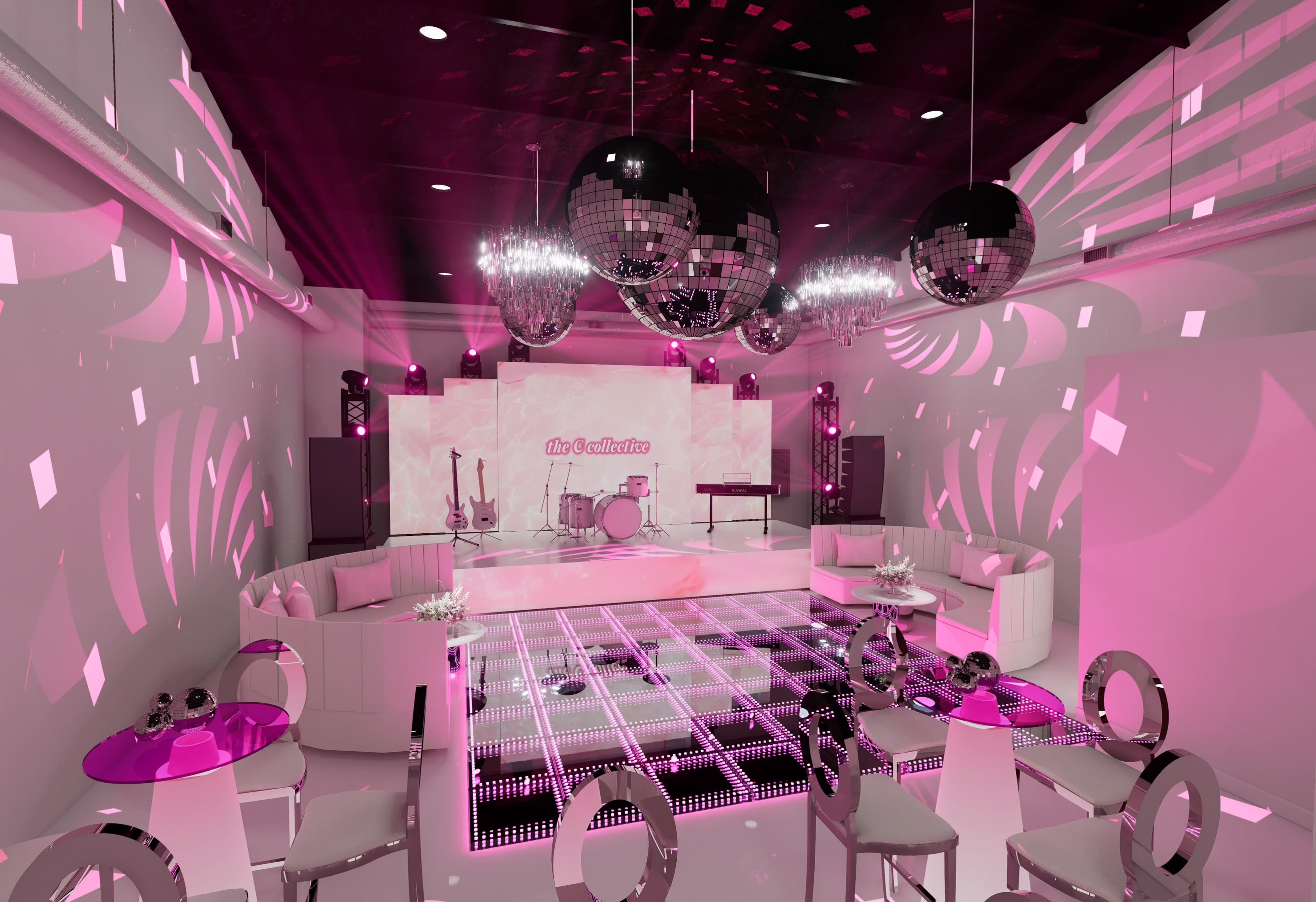 The image shows a vibrant event space with illuminated disco balls, a stage for live music, and sleek white seating arranged around a dance floor.