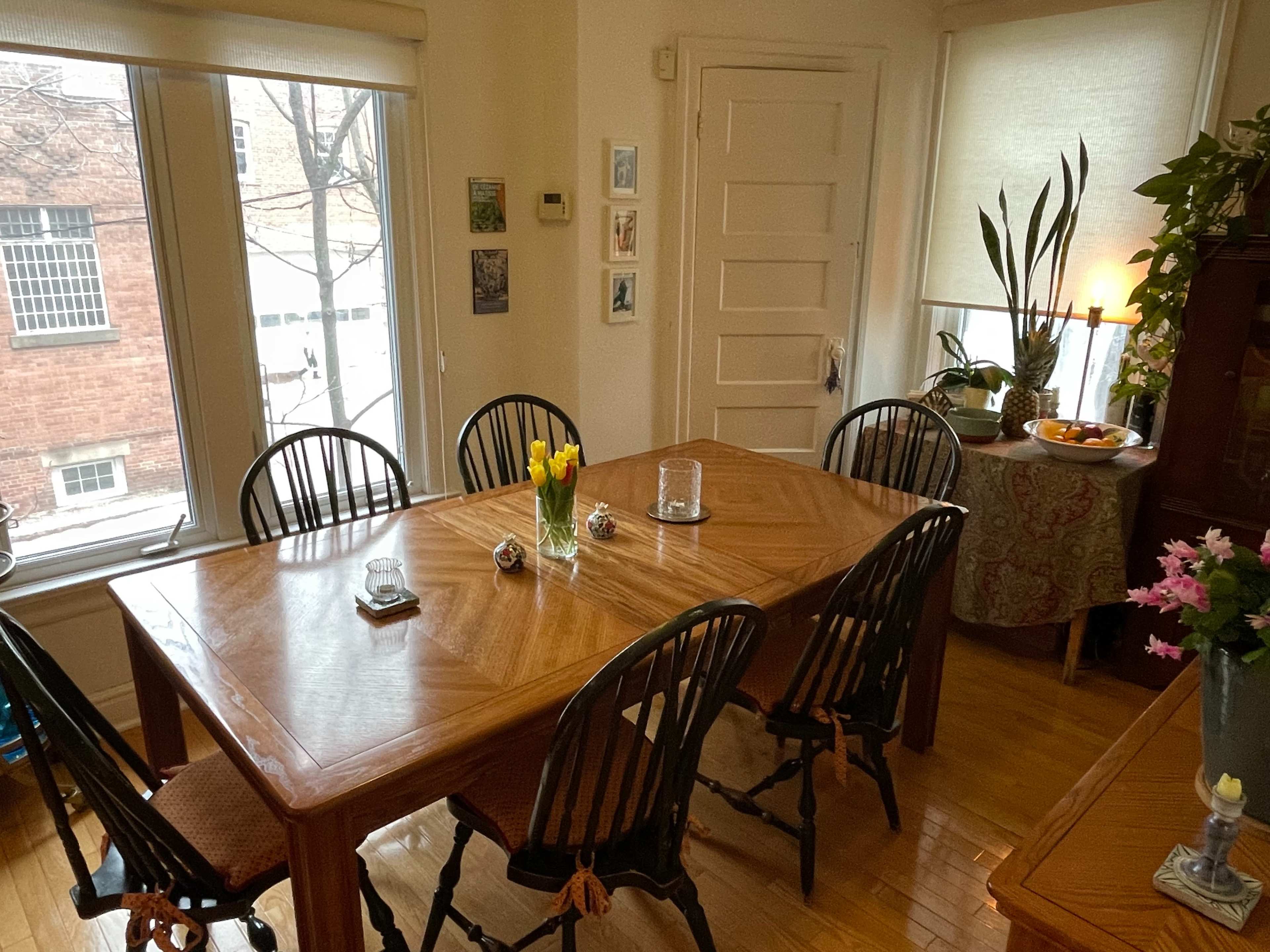 A wooden dining table surrounded by six chairs is set in a well-lit room with large windows, showcasing a cozy dining space with decorative plants and a side table.