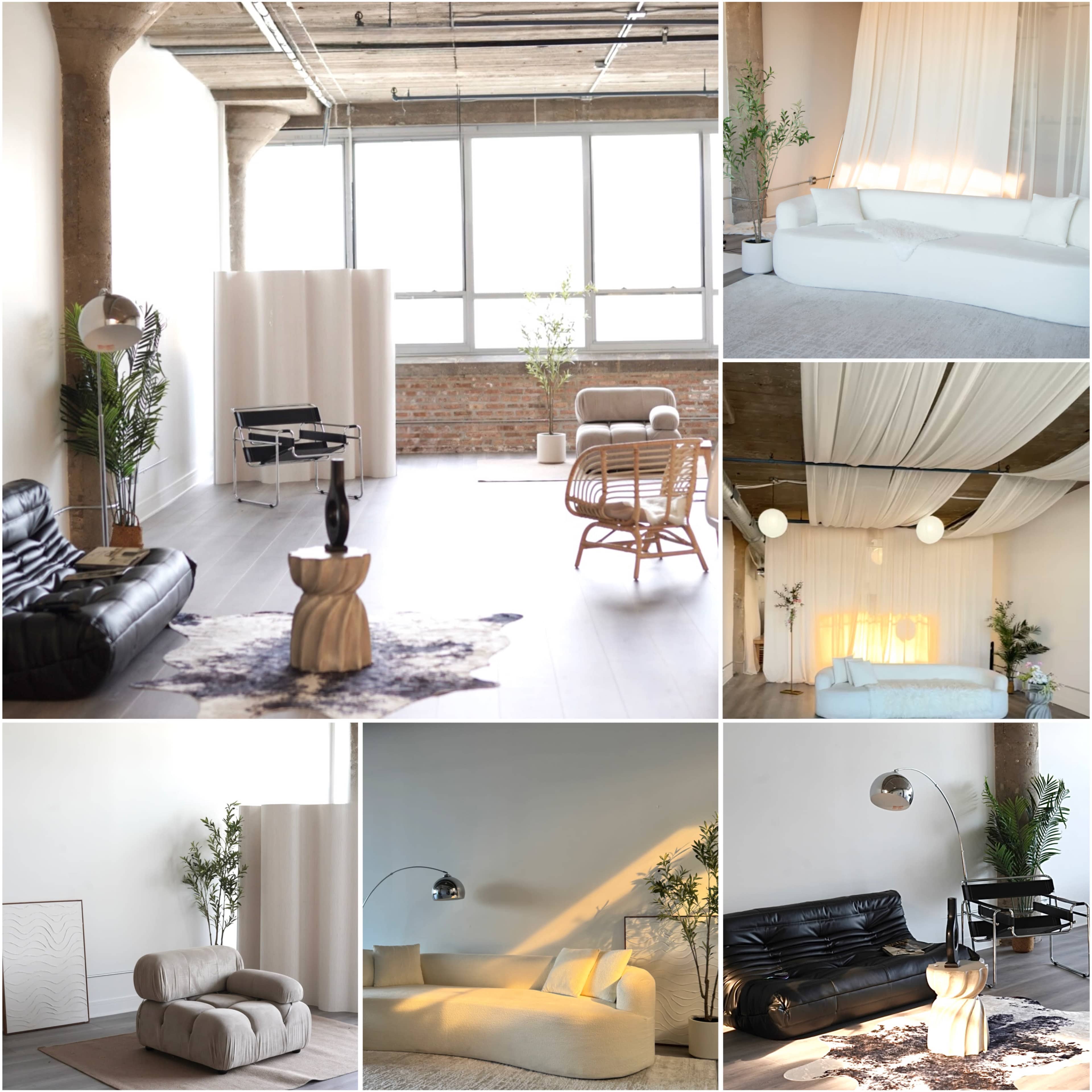 The image showcases a chic, modern interior space featuring a variety of seating areas, decorative plants, soft textiles, and distinct light fixtures, all arranged in a minimalist style.