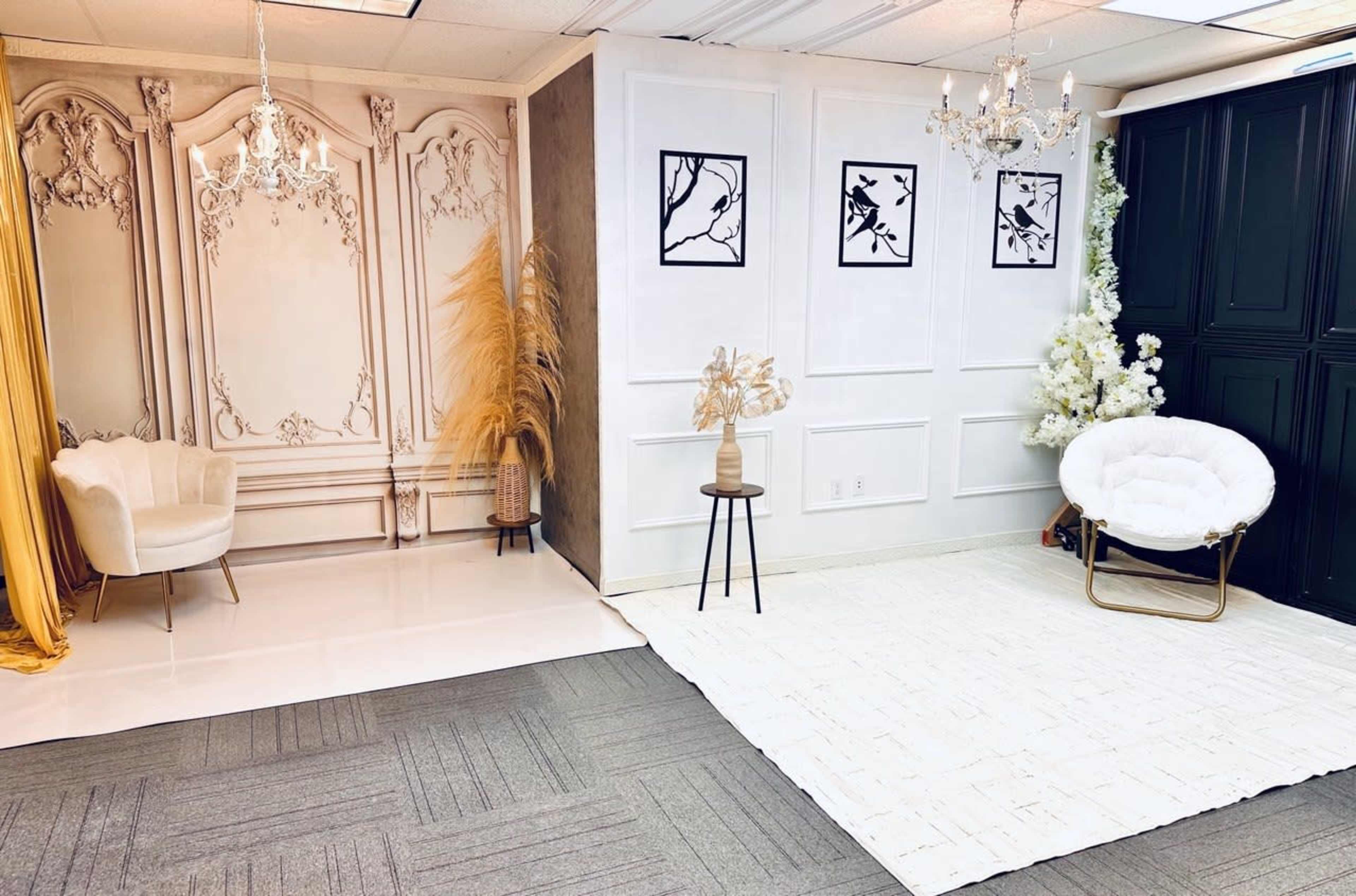 The image shows a spacious indoor studio with distinct areas: one side features ornate wall decor with a plush chair and golden drapery, while the other side includes a minimalist white rug, a modern chair, and plants.