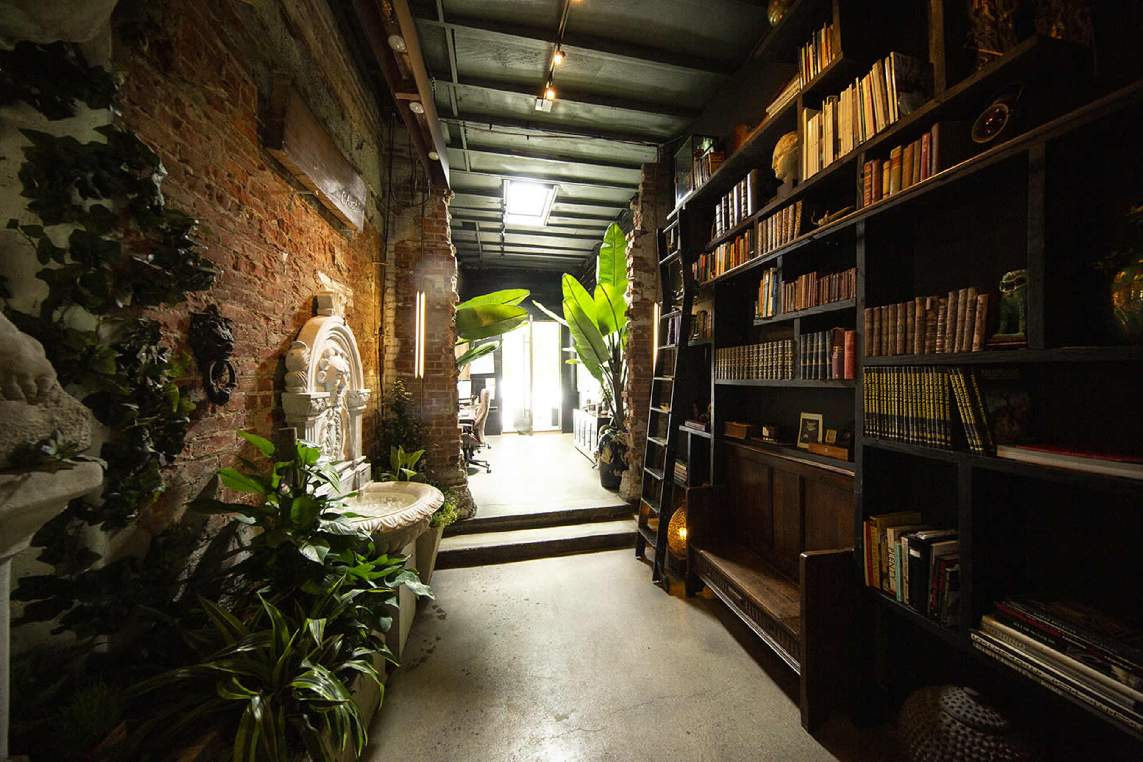 The image shows a narrow hallway lined with bookshelves, plants, and a decorative wall feature, leading to a bright open space at the end.