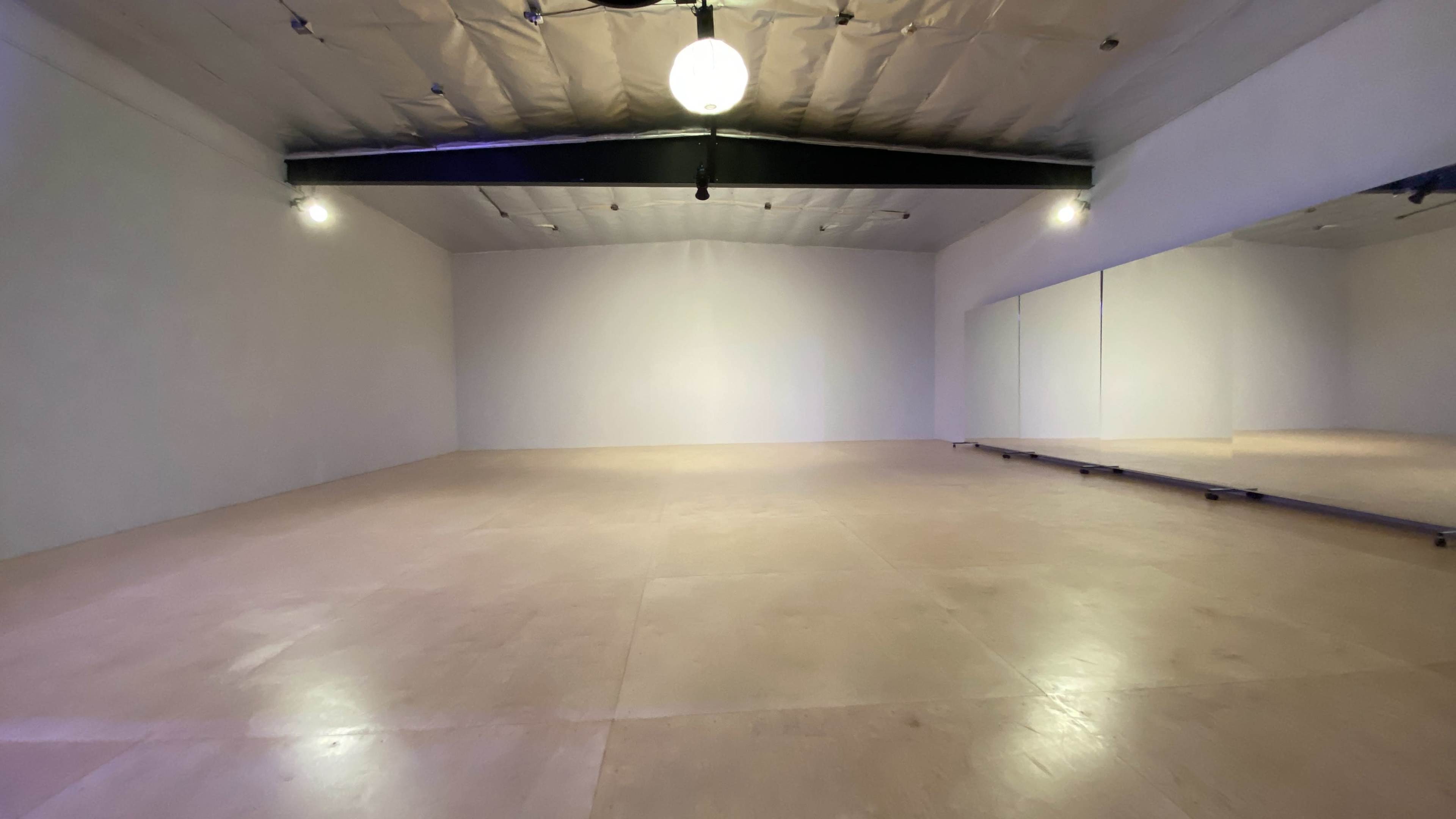 A spacious, empty room with wooden flooring, a mirror on one wall, and overhead lighting.