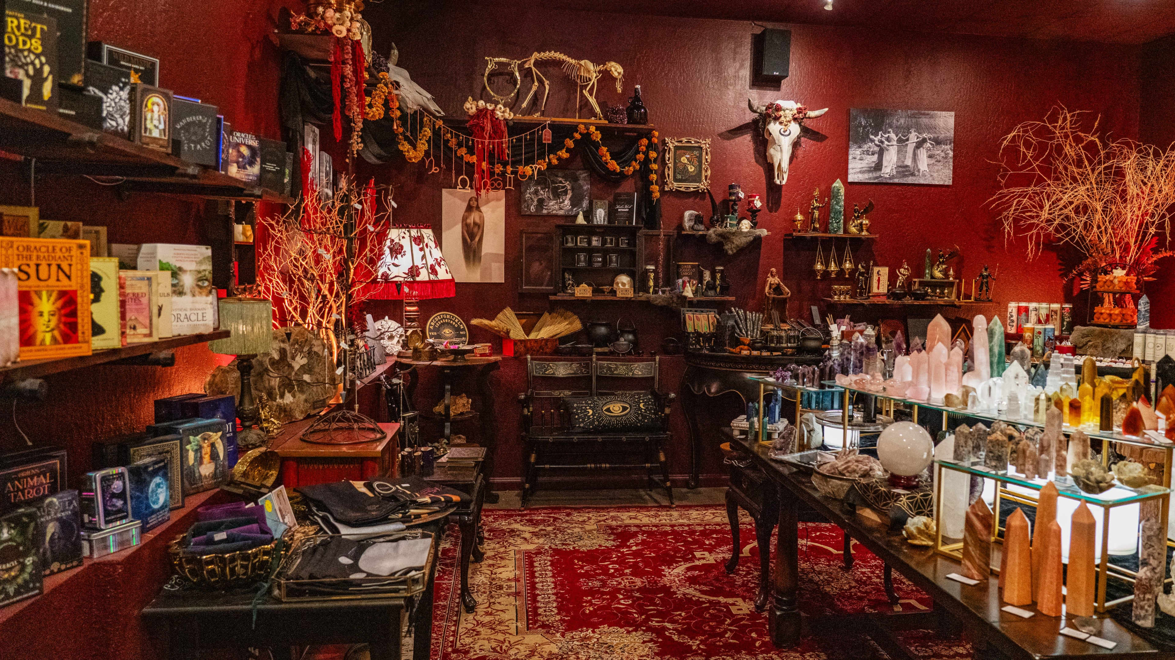 The image shows a dimly lit room filled with shelves and tables displaying various crystals, tarot cards, and decorative objects against a red backdrop.