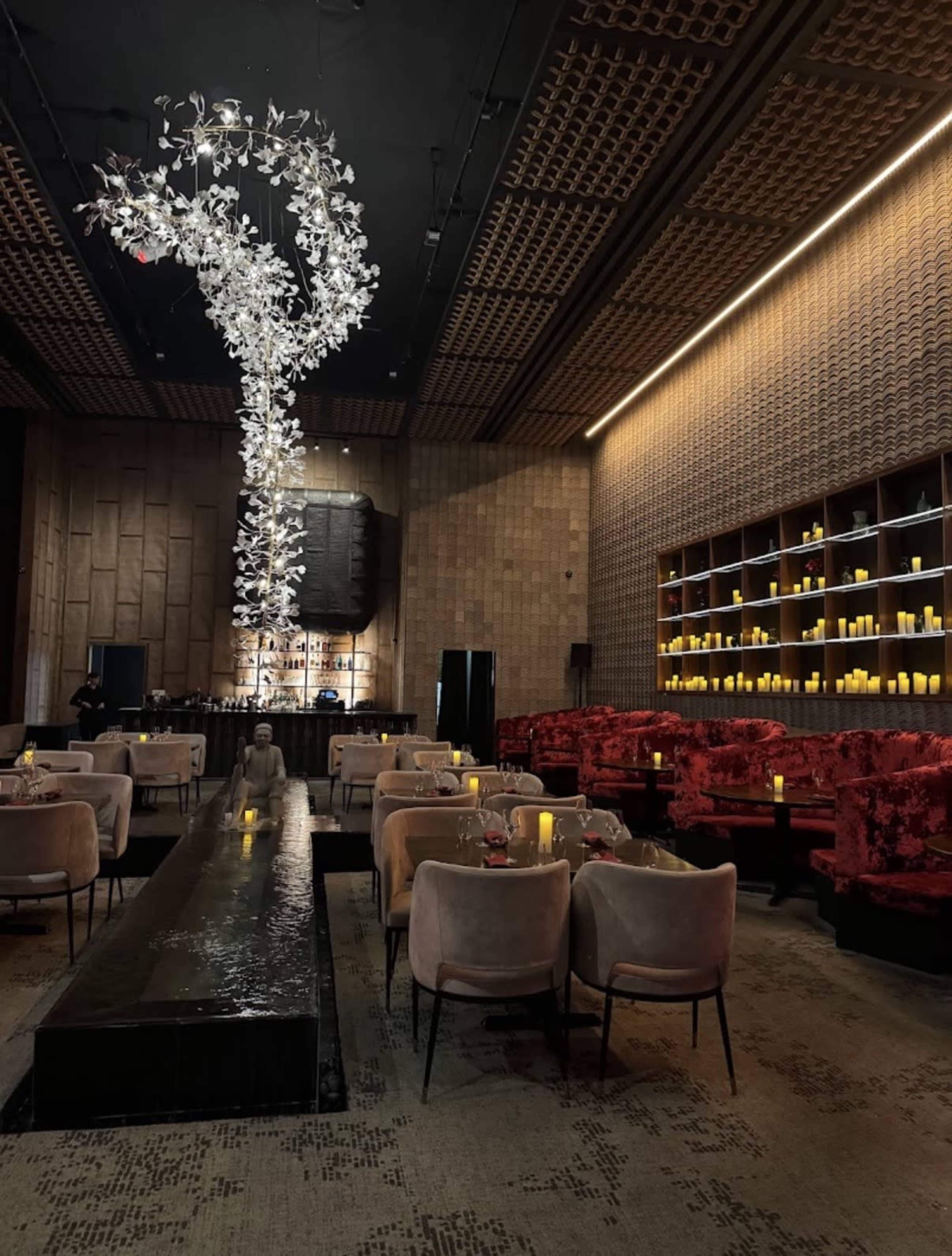 The image shows an upscale restaurant interior featuring elegant seating, a water feature, and dramatic lighting fixtures.