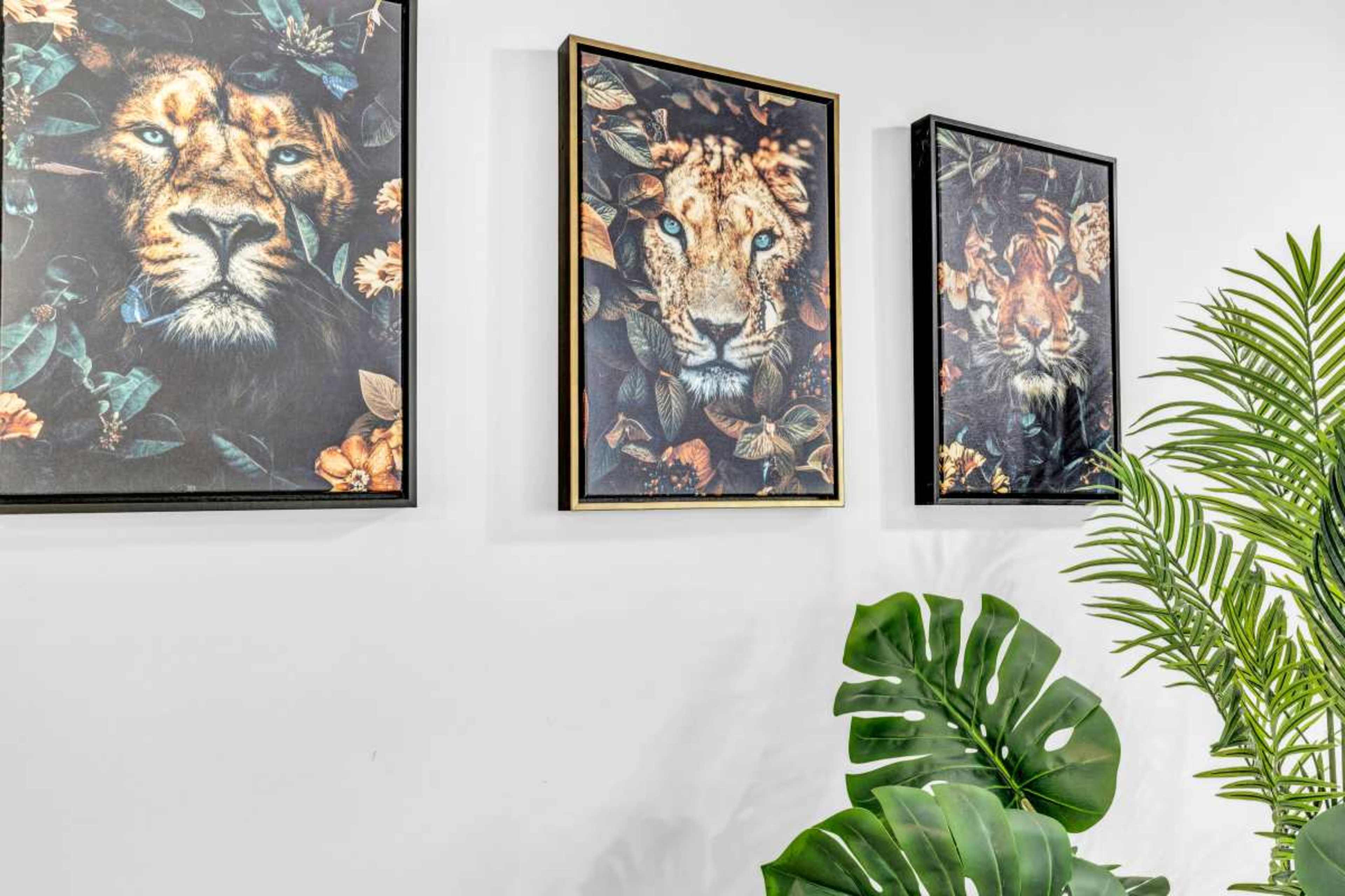 Three framed art pieces featuring lion portraits adorned with floral elements hang on a white wall, accompanied by a green plant in the foreground.