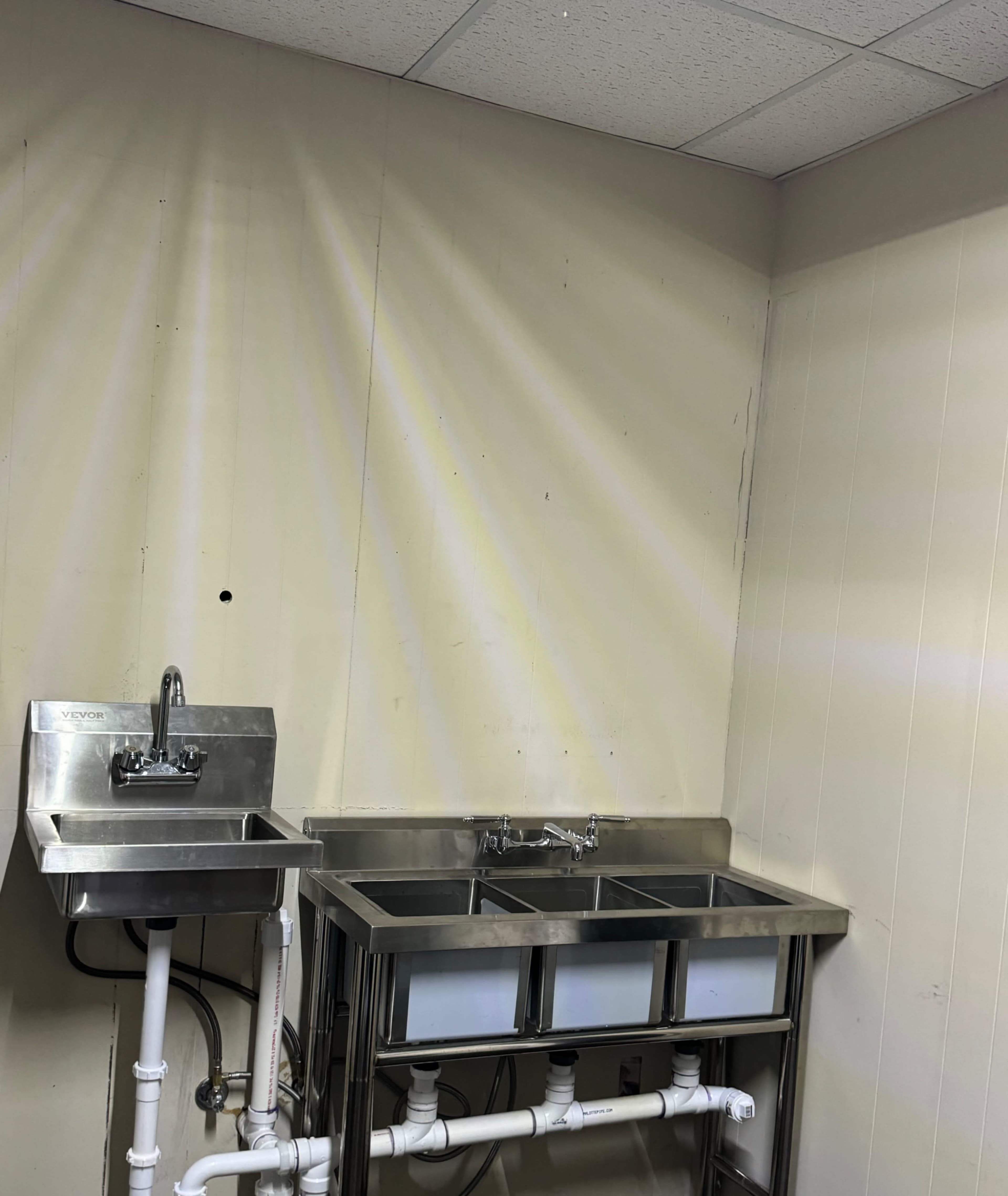 A metal sink with a faucet and multiple compartments, set against a plain wall in a room with a ceiling.