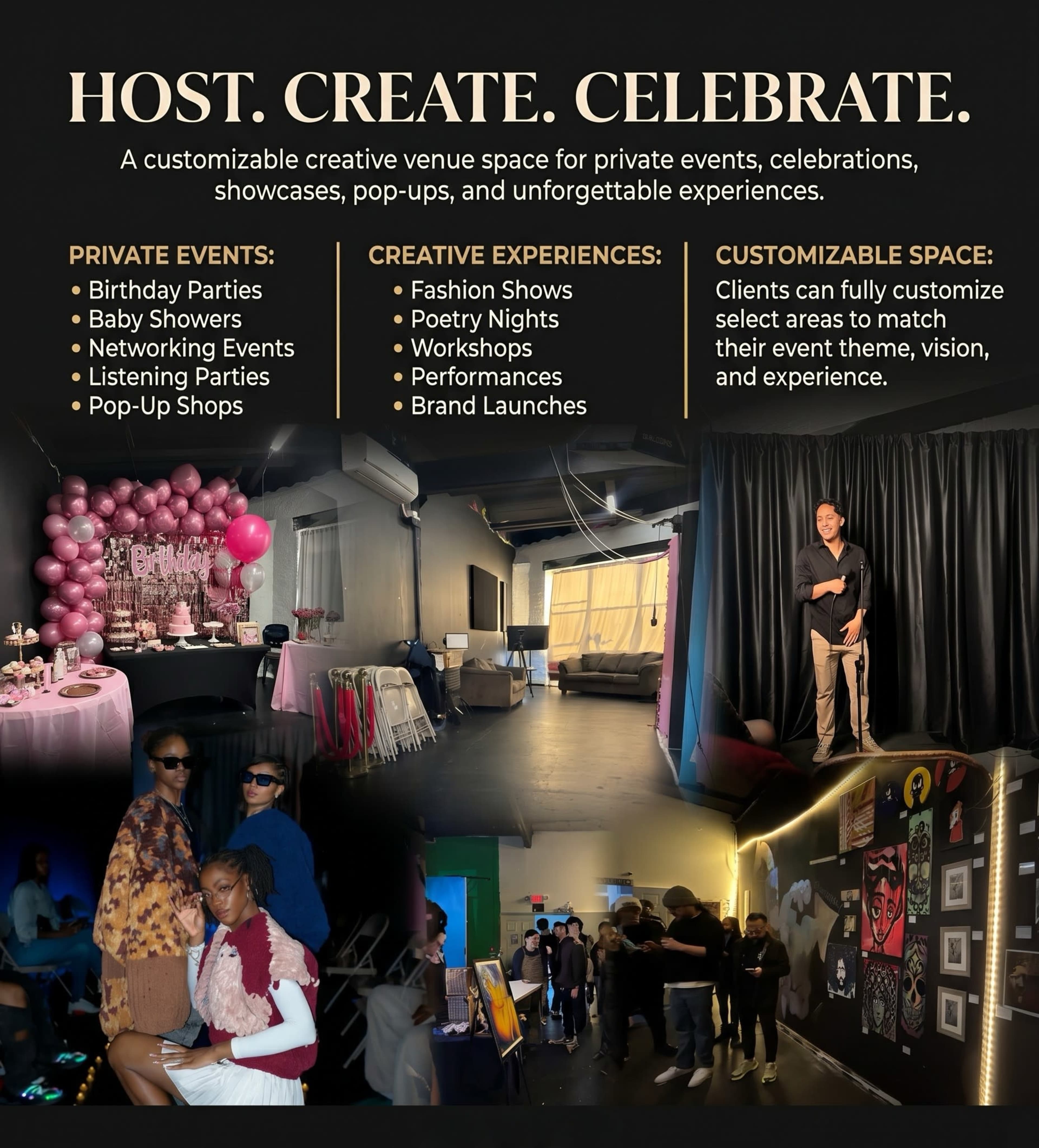 The image showcases a customizable creative venue for various events, featuring a list of private and creative uses alongside photos of gatherings and activities like fashion shows and celebration setups.