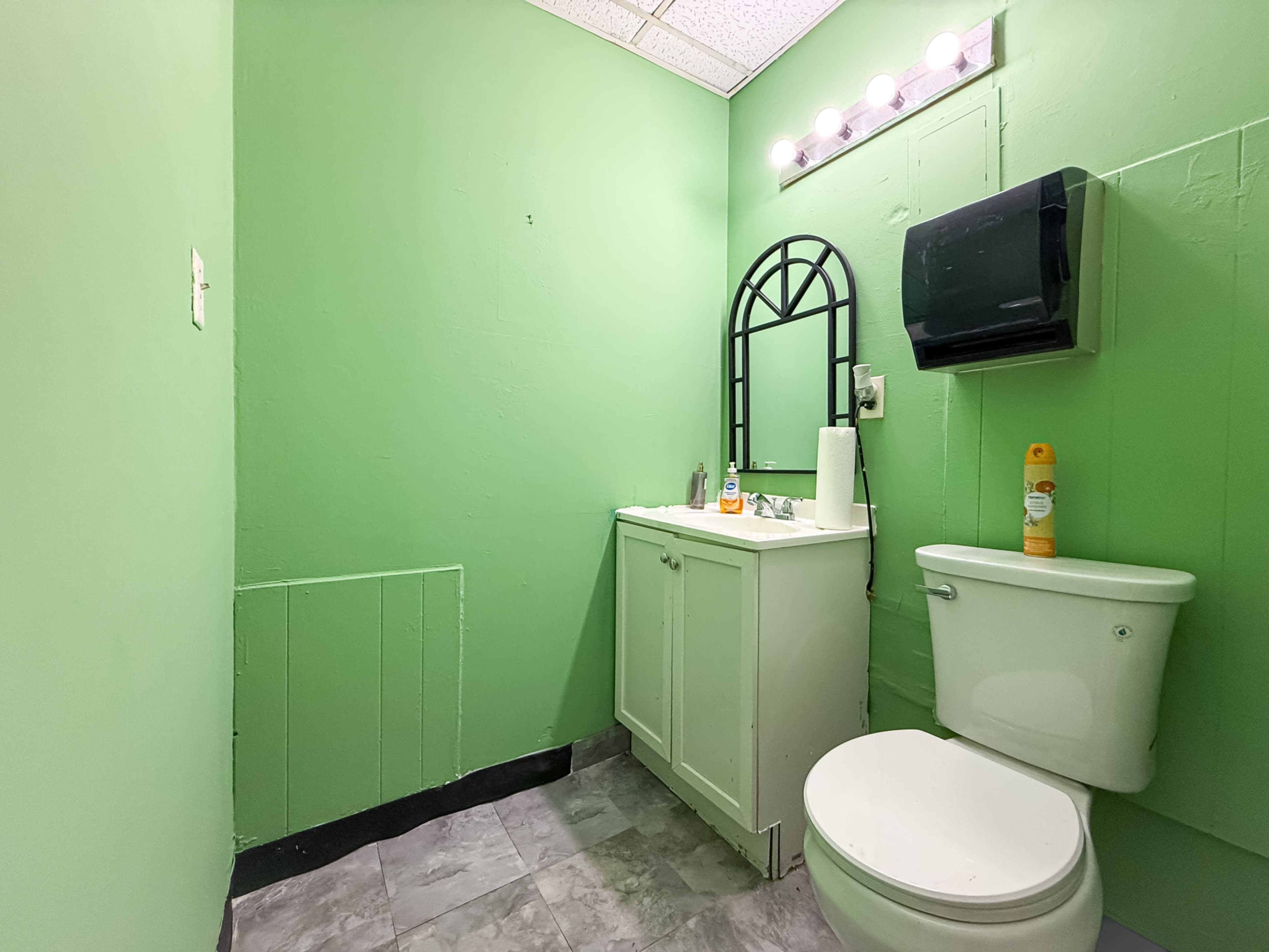 The image shows a small bathroom with green walls, a white vanity, and a toilet.