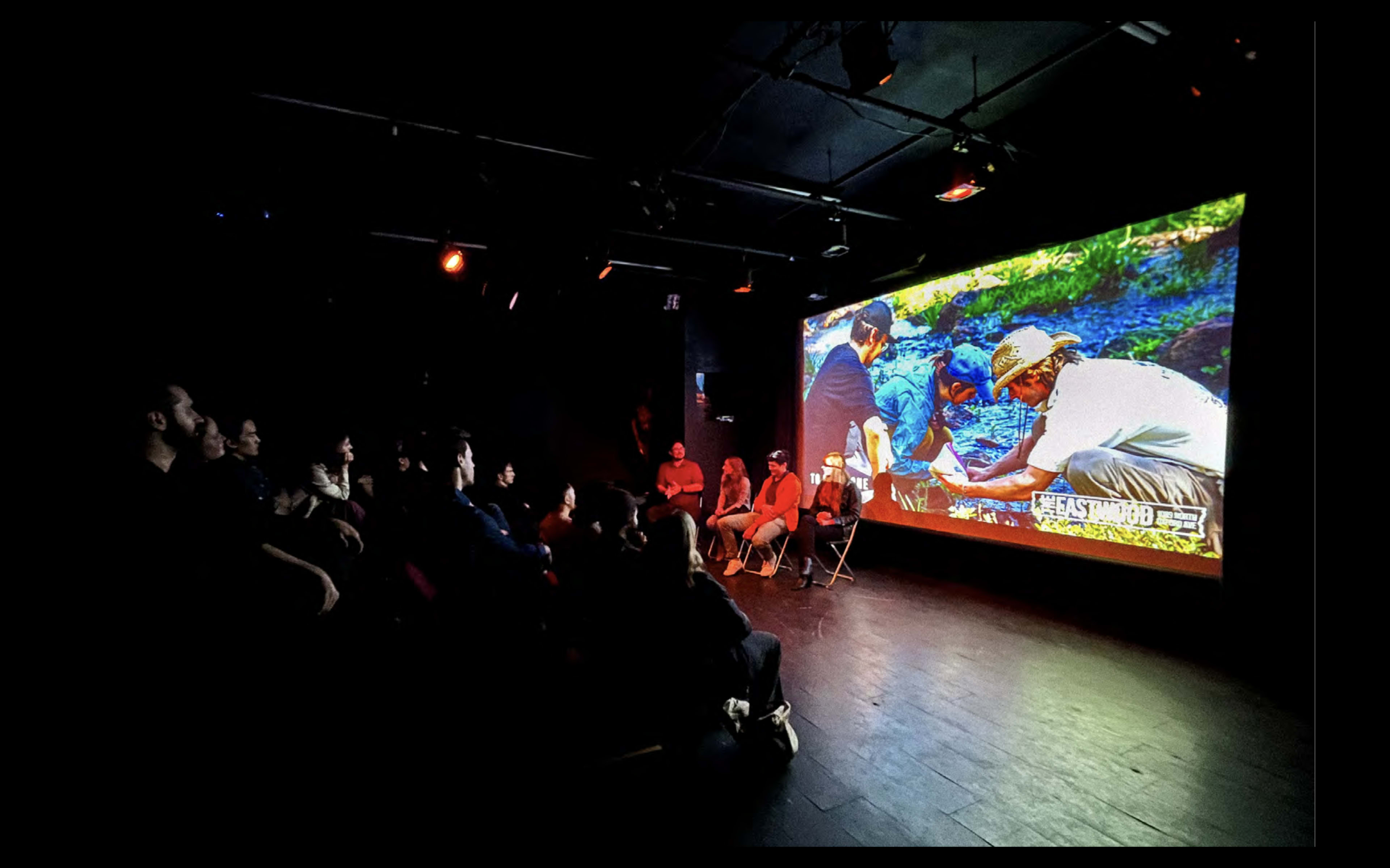 An audience watches a film on a large screen in a dimly lit room.