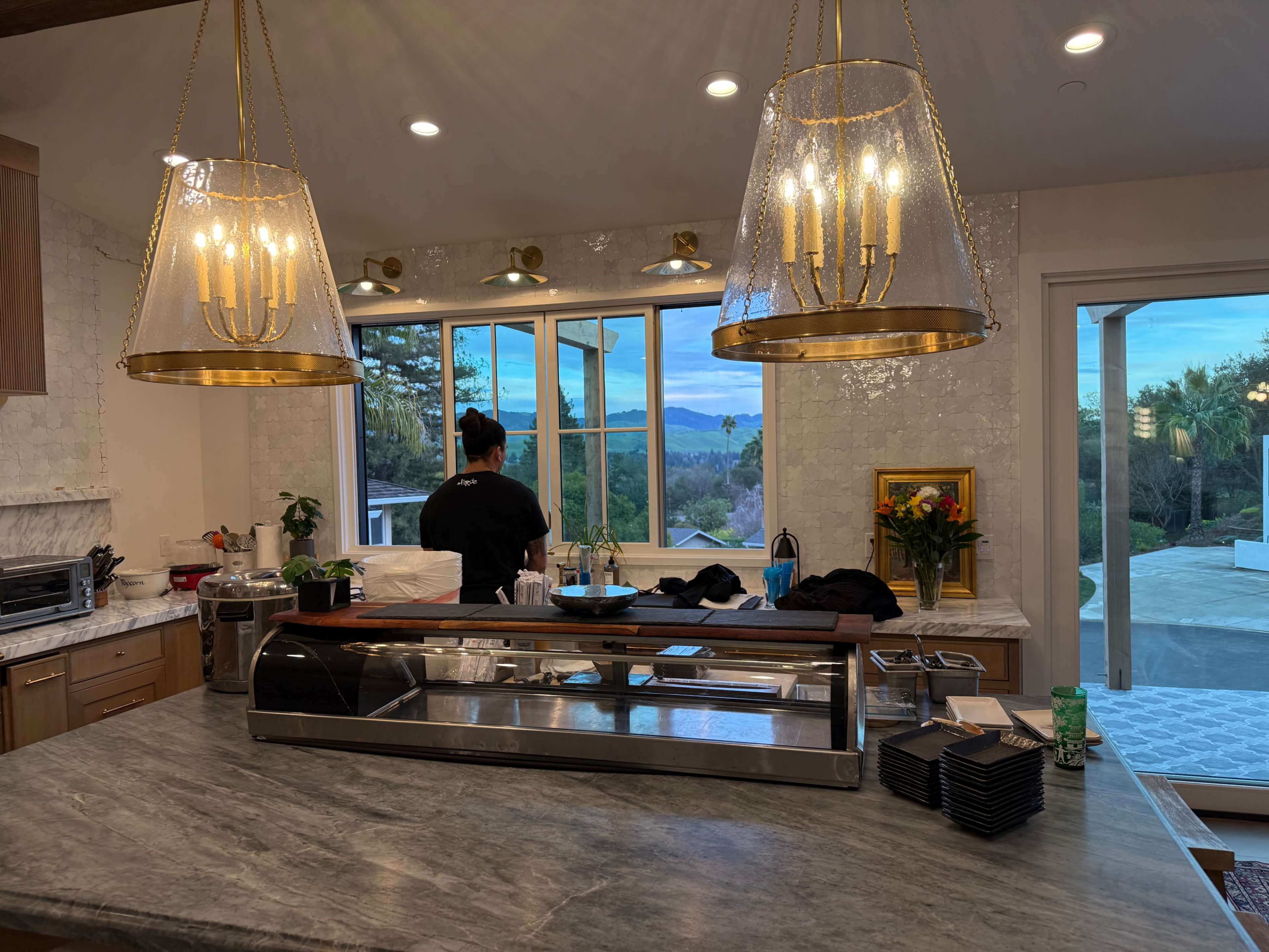 A person stands in a modern kitchen with large windows showcasing a scenic view outside.