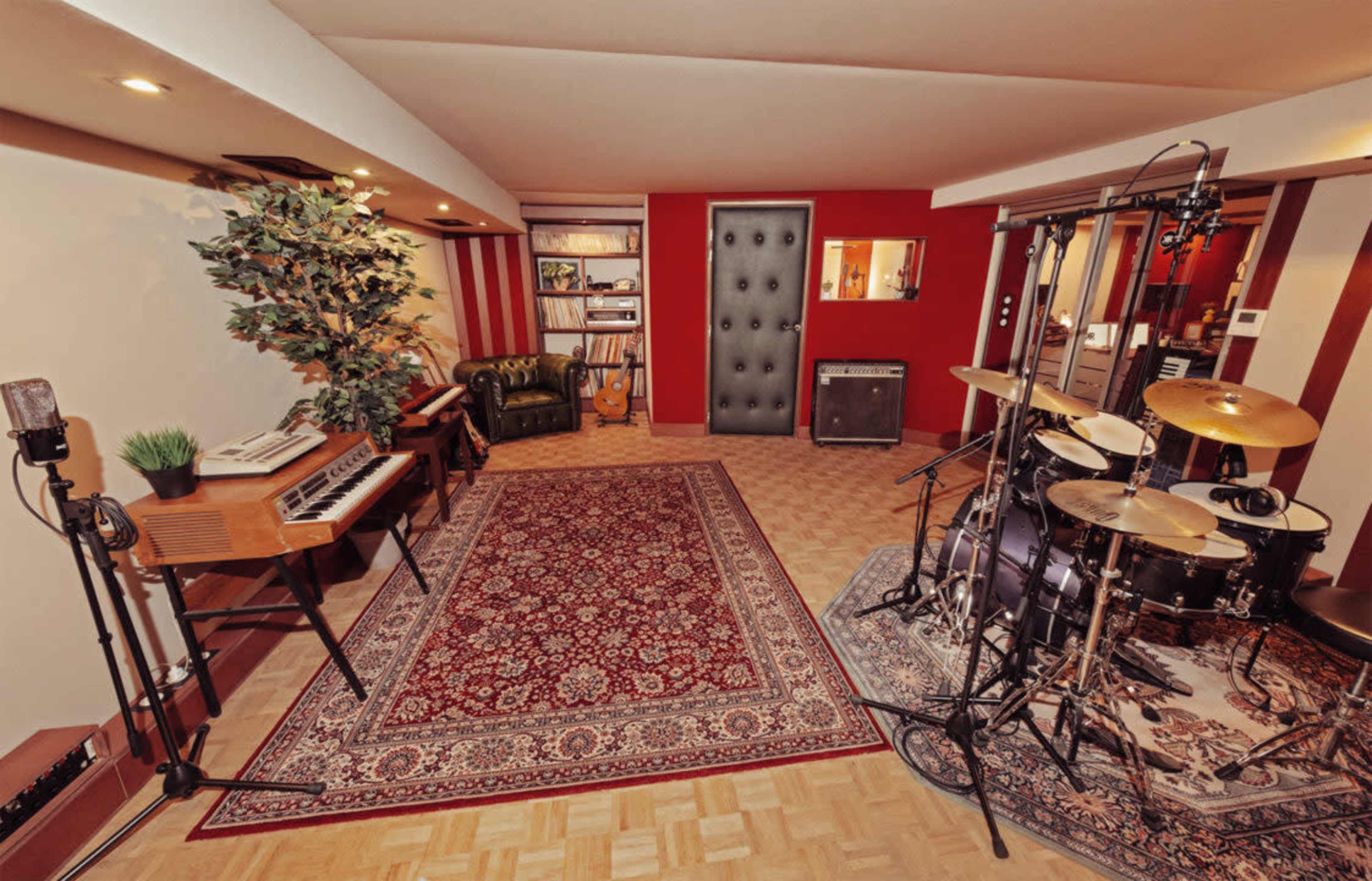 A well-equipped music studio featuring a drum set, a keyboard, a guitar, and a decorative plant, all arranged on a patterned rug.