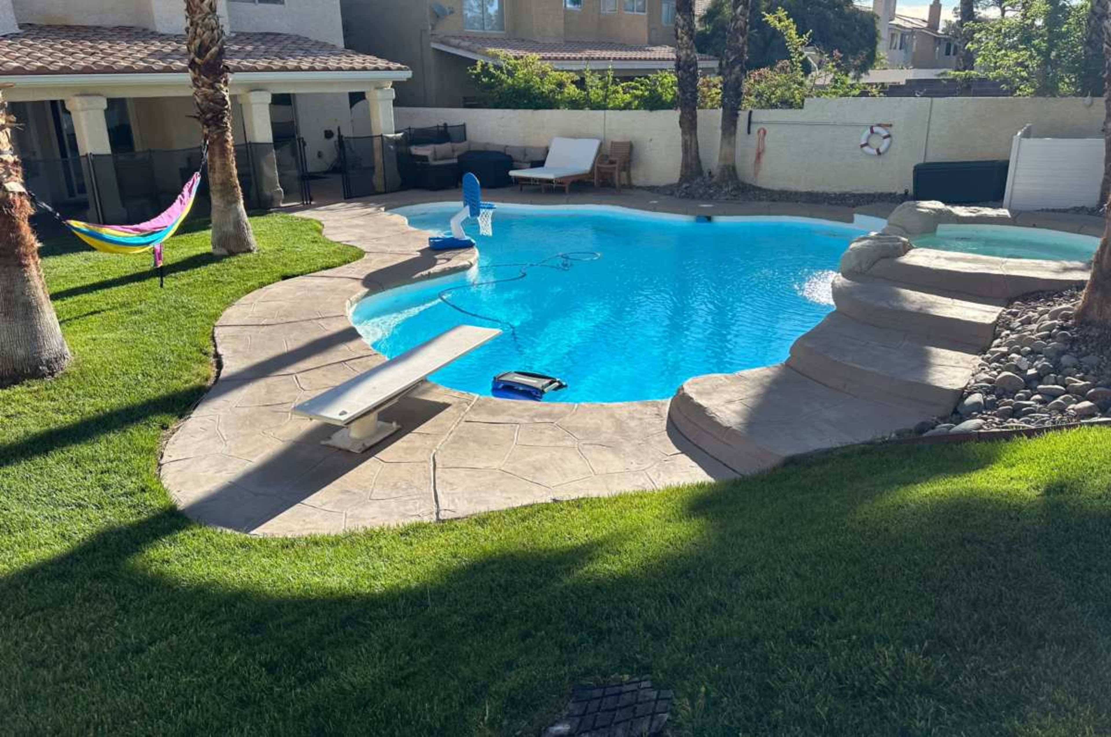 The image shows a swimming pool surrounded by a landscaped yard featuring palm trees, a diving board, and lounge chairs.