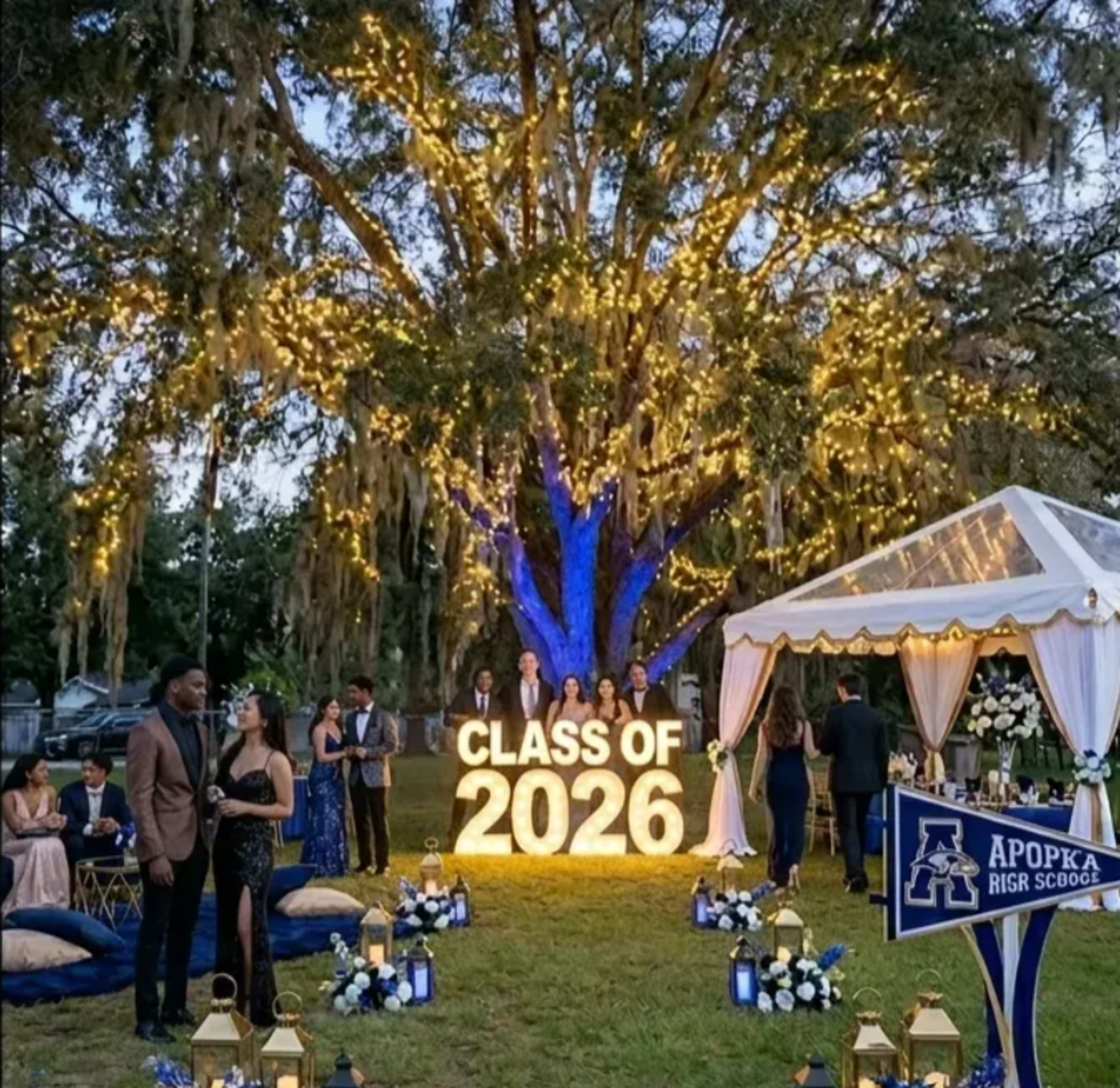 A large illuminated sign reading "CLASS OF 2026" stands beneath a decorated tree with fairy lights, while guests gather around a tented area at a graduation celebration.
