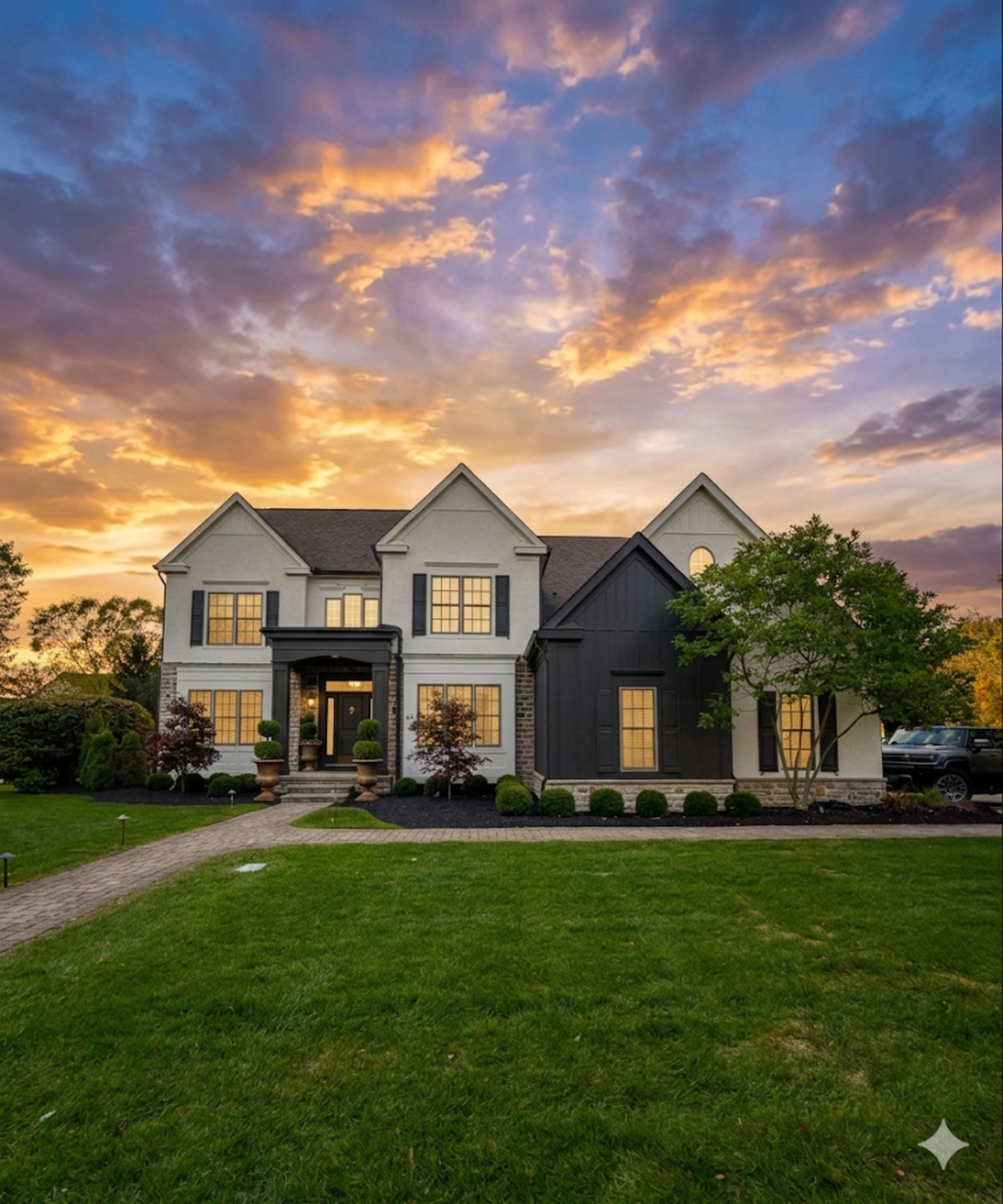 A large, two-story house with a mix of light-colored and dark exterior finishes sits on a grassy lawn under a colorful sunset sky.