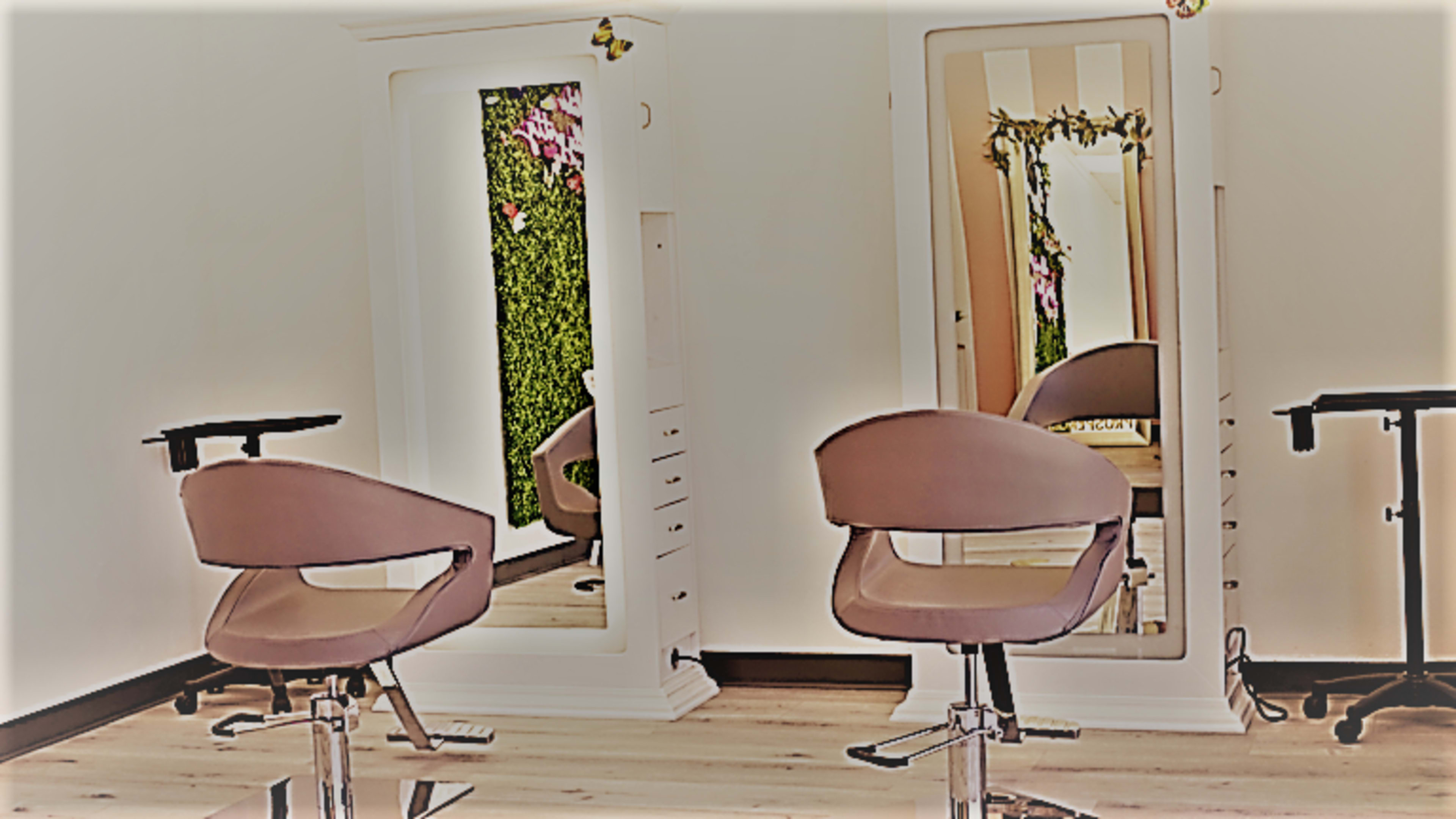 The image shows a salon interior featuring two mirrored styling stations with adjustable chairs and a decorative green wall.