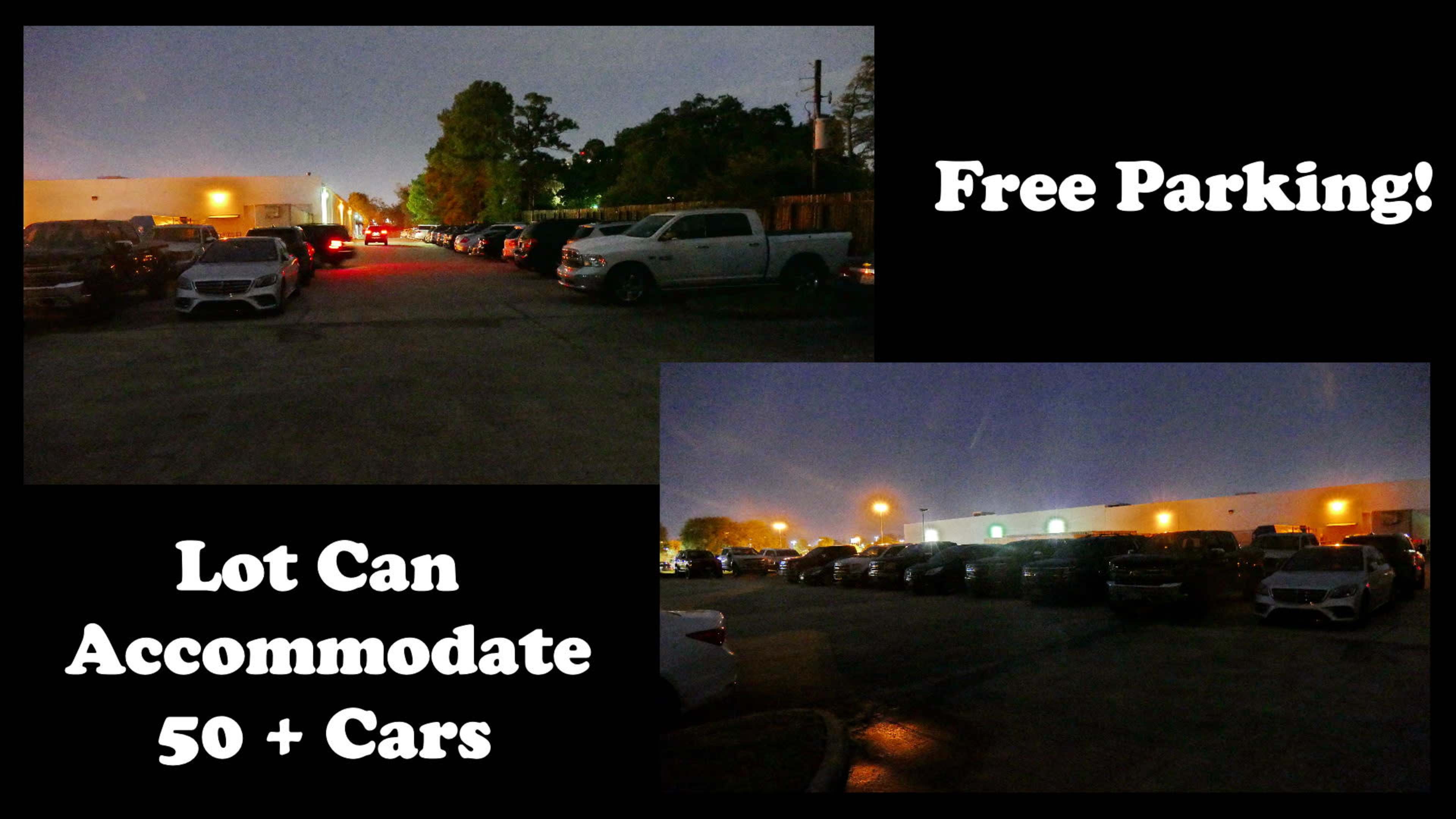 A parking lot with numerous cars and a text overlay highlighting that it can accommodate 50 or more vehicles, along with a "Free Parking!" sign.